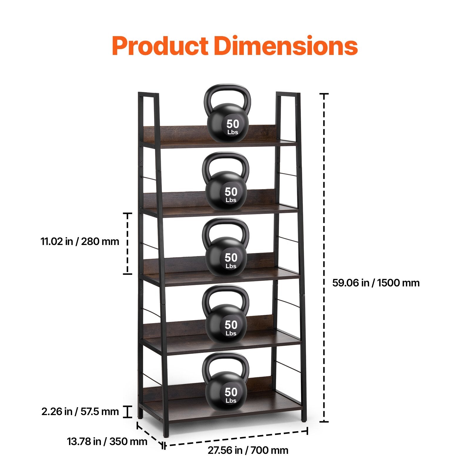 5-Tier Industrial Metal Bookshelf with Open Shelves, Tall Rustic Display Unit for Living Room, Bedroom, Office - Sturdy, Freestanding, Adjustable Feet