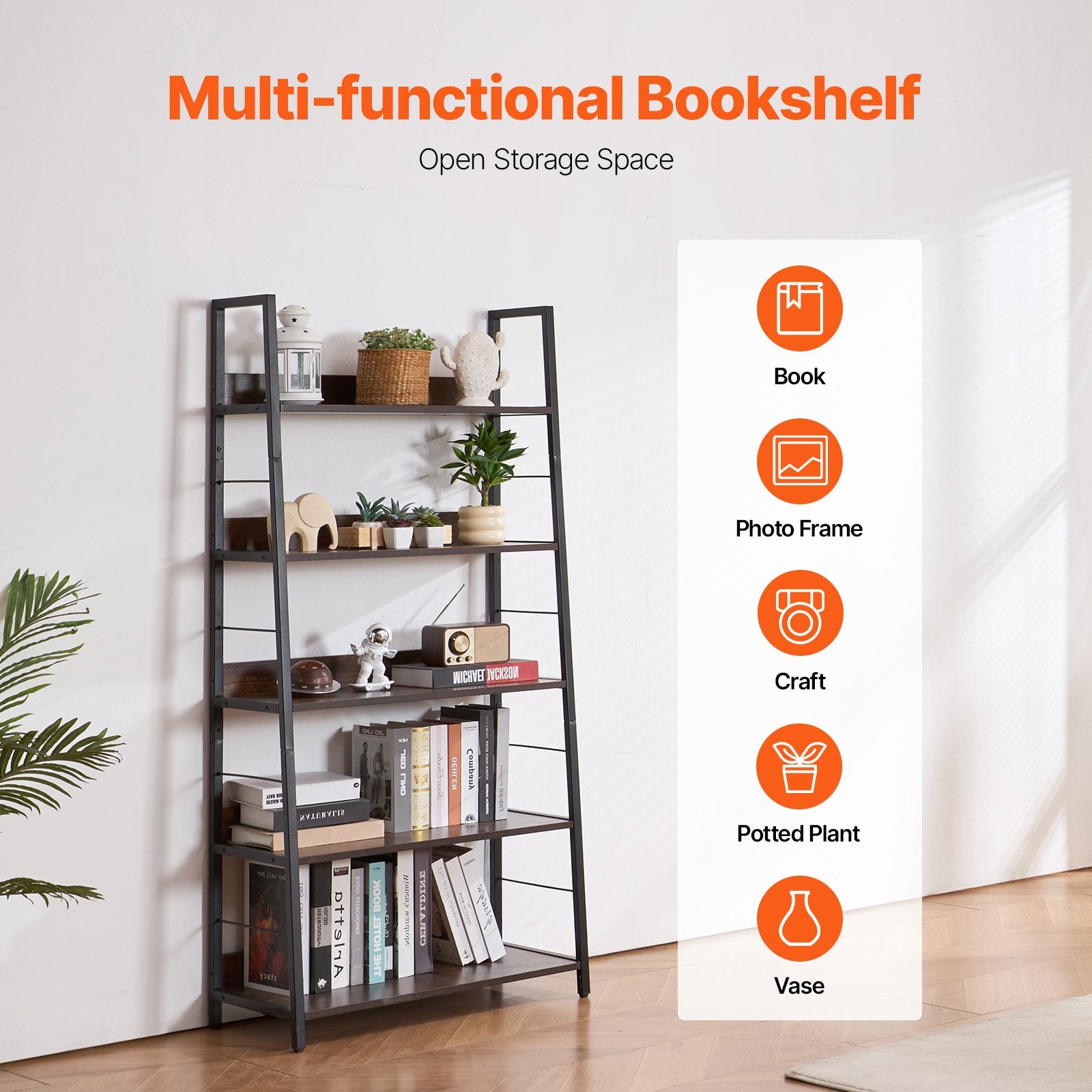 5-Tier Industrial Metal Bookshelf with Open Shelves, Tall Rustic Display Unit for Living Room, Bedroom, Office - Sturdy, Freestanding, Adjustable Feet