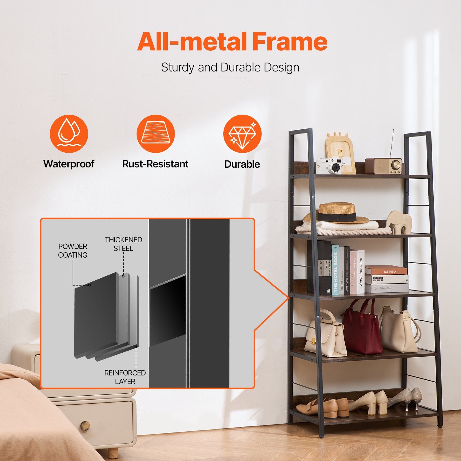 5-Tier Industrial Metal Bookshelf with Open Shelves, Tall Rustic Display Unit for Living Room, Bedroom, Office - Sturdy, Freestanding, Adjustable Feet
