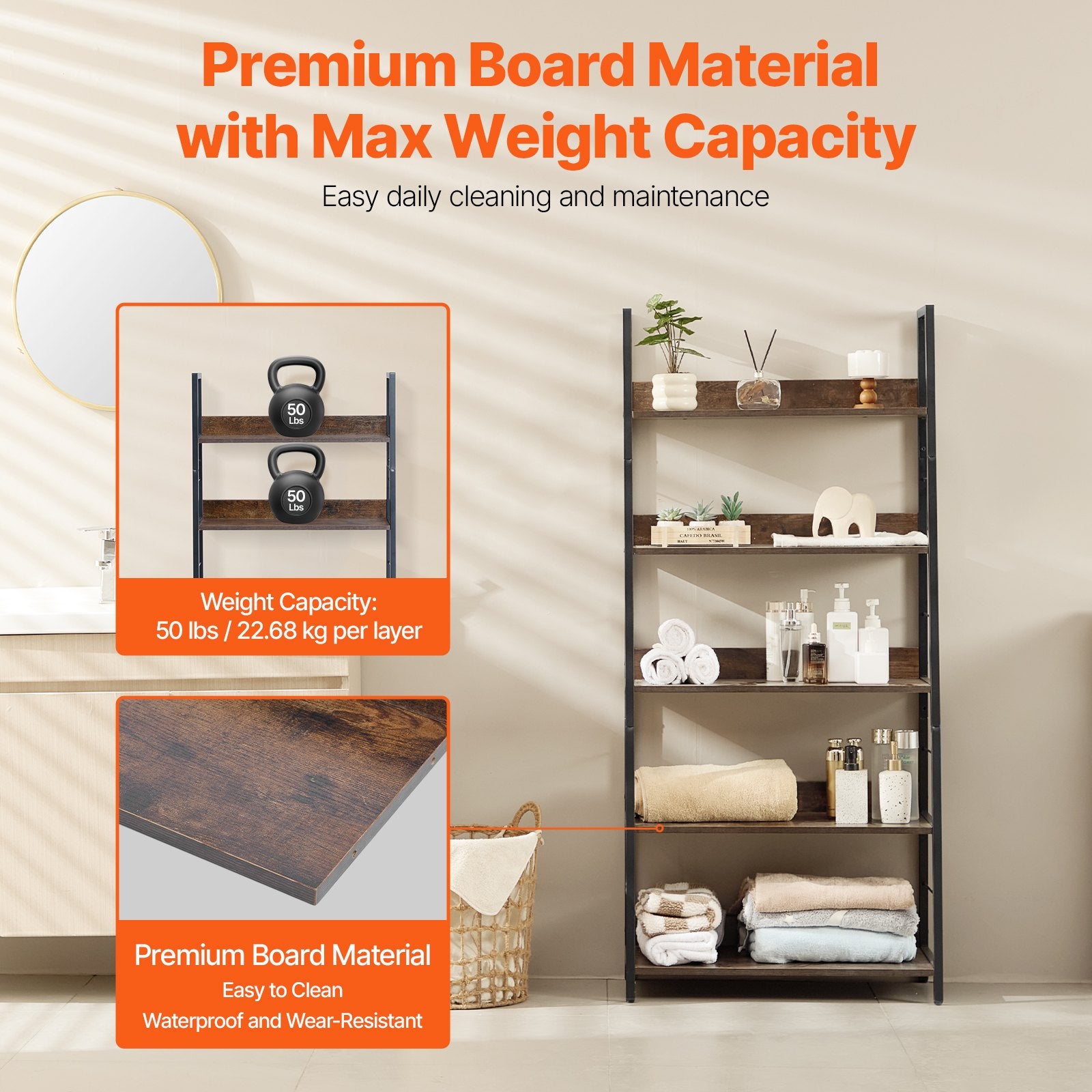 5-Tier Industrial Metal Bookshelf with Open Shelves, Tall Rustic Display Unit for Living Room, Bedroom, Office - Sturdy, Freestanding, Adjustable Feet