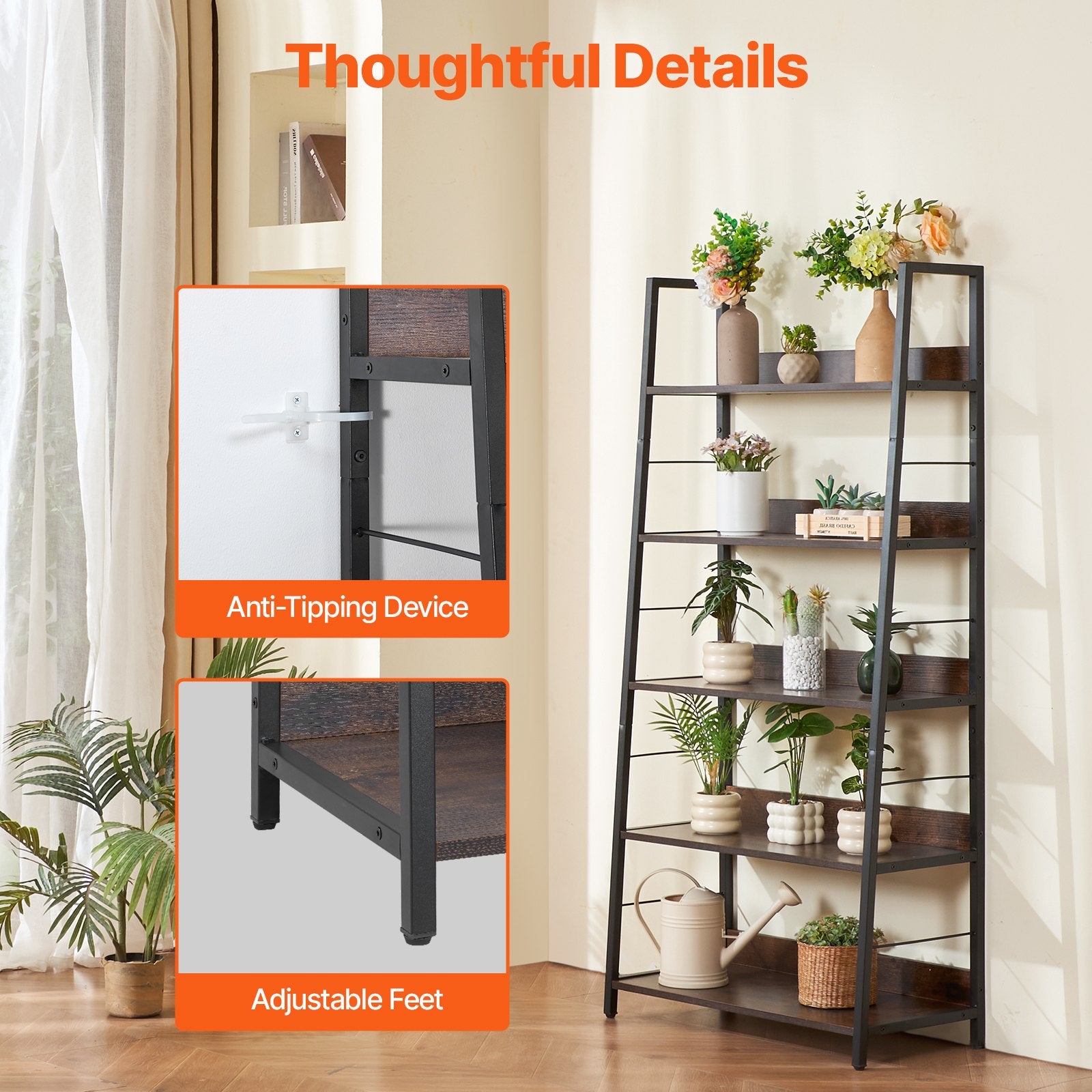 5-Tier Industrial Metal Bookshelf with Open Shelves, Tall Rustic Display Unit for Living Room, Bedroom, Office - Sturdy, Freestanding, Adjustable Feet