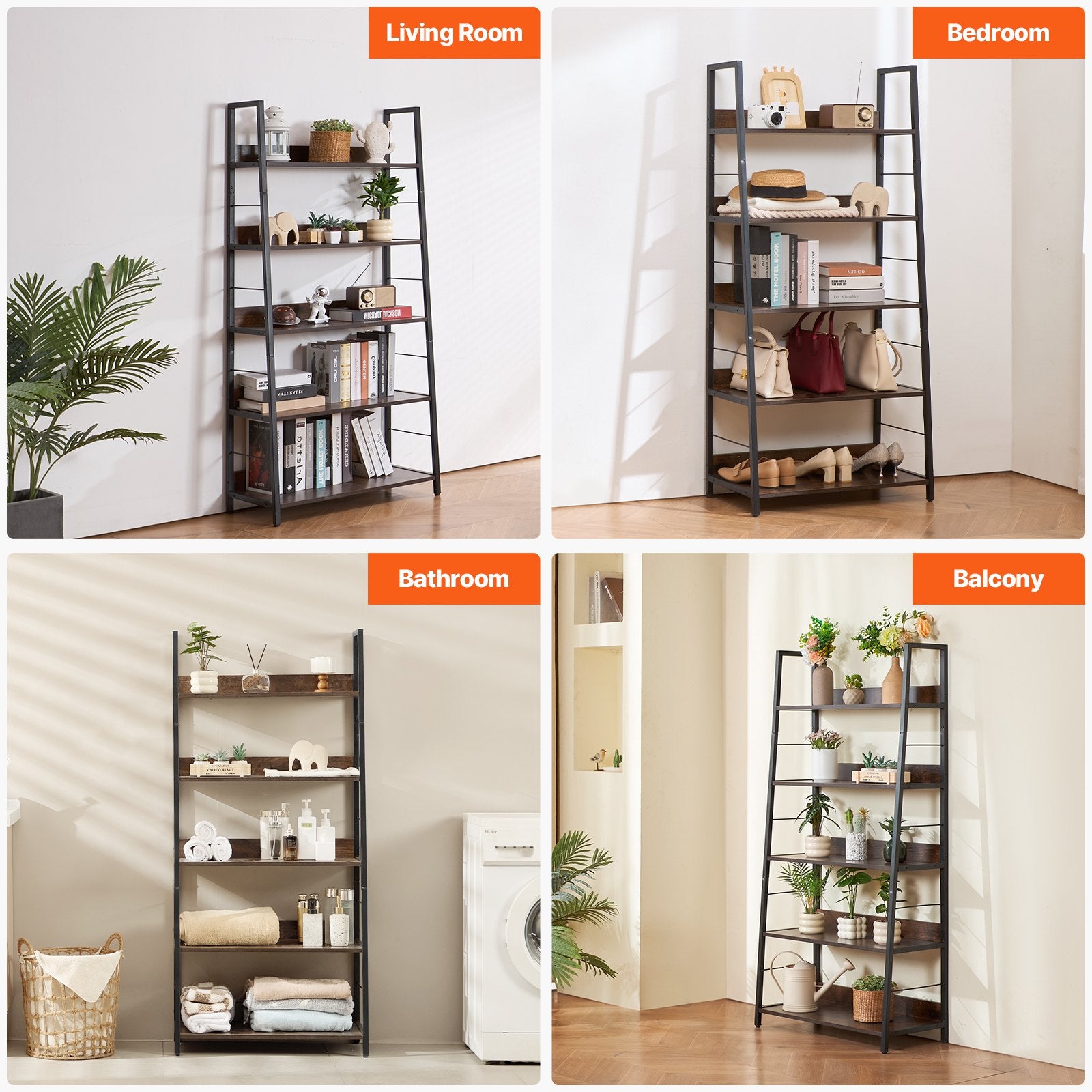 5-Tier Industrial Metal Bookshelf with Open Shelves, Tall Rustic Display Unit for Living Room, Bedroom, Office - Sturdy, Freestanding, Adjustable Feet