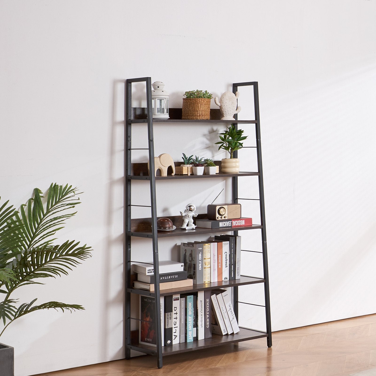 5-Tier Industrial Metal Bookshelf with Open Shelves, Tall Rustic Display Unit for Living Room, Bedroom, Office - Sturdy, Freestanding, Adjustable Feet