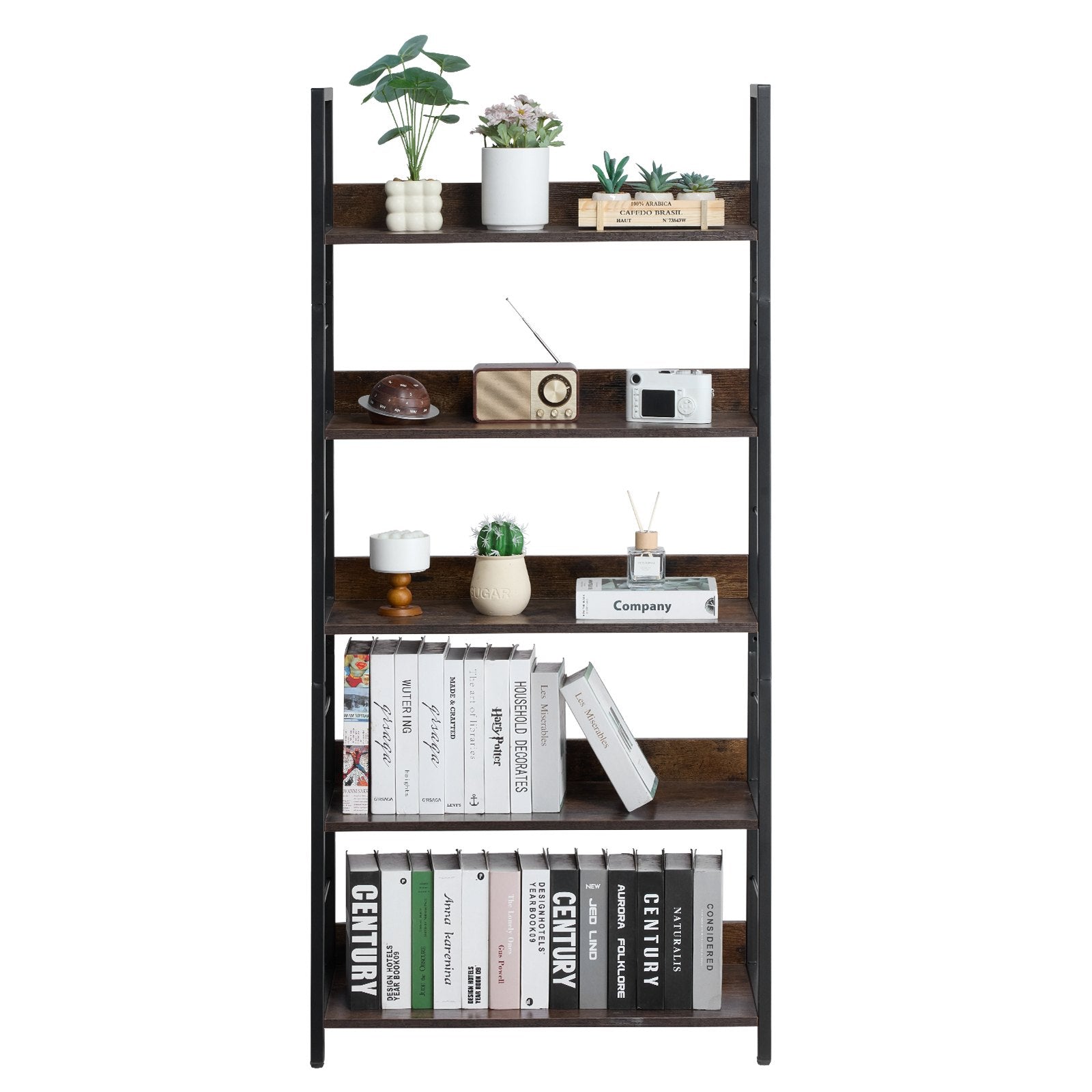 5-Tier Industrial Metal Bookshelf with Open Shelves, Tall Rustic Display Unit for Living Room, Bedroom, Office - Sturdy, Freestanding, Adjustable Feet