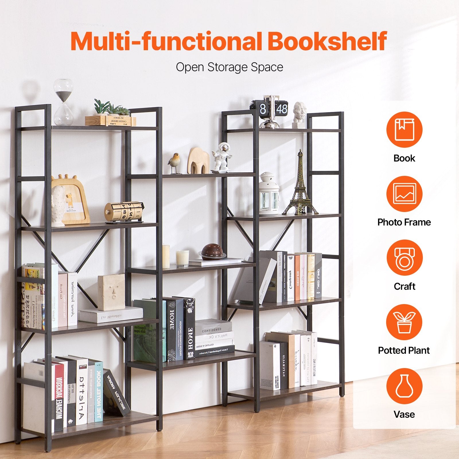 11-Tier Industrial Bookshelf, Triple Metal Freestanding Display with Open Shelves for Living Room, Bedroom & Office - Rustic Vintage Storage Solution