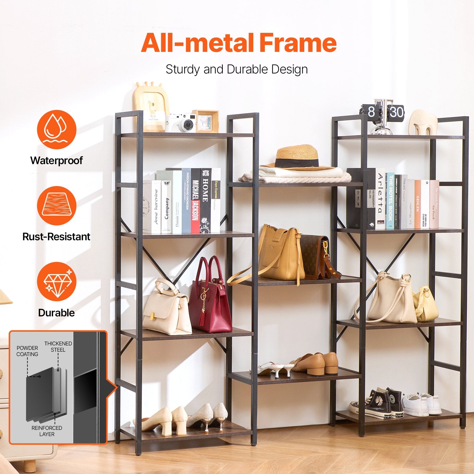 11-Tier Industrial Bookshelf, Triple Metal Freestanding Display with Open Shelves for Living Room, Bedroom & Office - Rustic Vintage Storage Solution