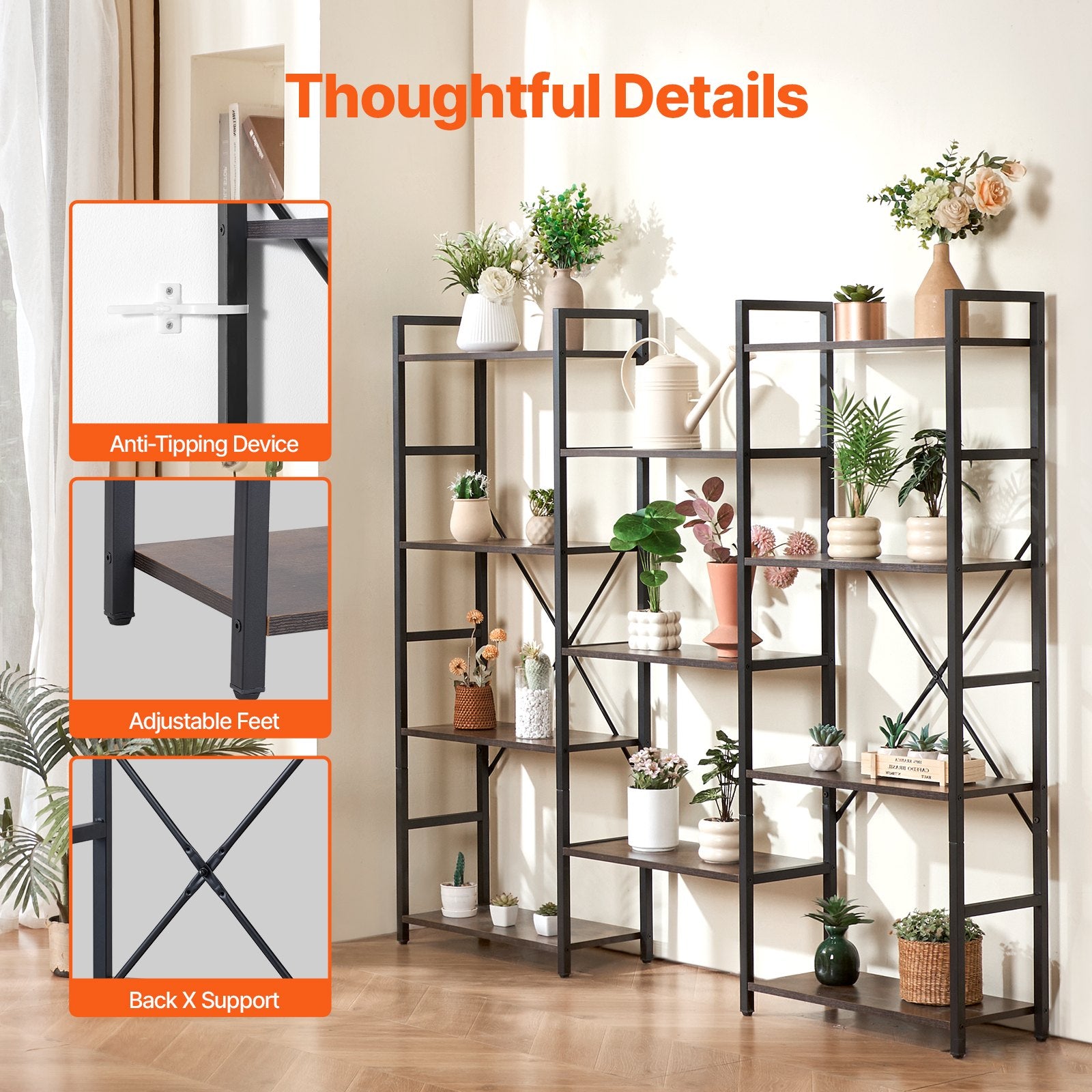 11-Tier Industrial Bookshelf, Triple Metal Freestanding Display with Open Shelves for Living Room, Bedroom & Office - Rustic Vintage Storage Solution