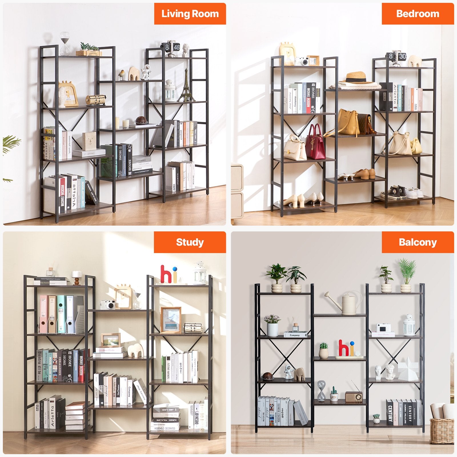 11-Tier Industrial Bookshelf, Triple Metal Freestanding Display with Open Shelves for Living Room, Bedroom & Office - Rustic Vintage Storage Solution