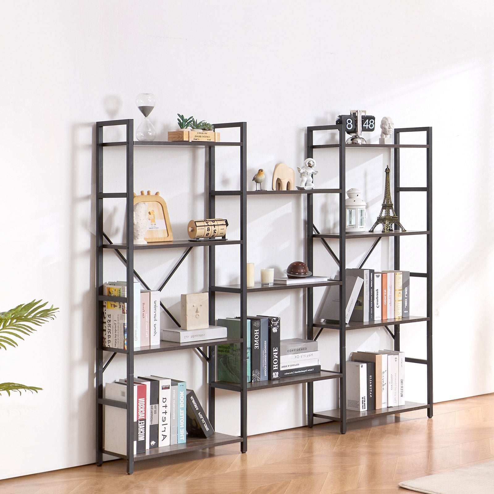 11-Tier Industrial Bookshelf, Triple Metal Freestanding Display with Open Shelves for Living Room, Bedroom & Office - Rustic Vintage Storage Solution