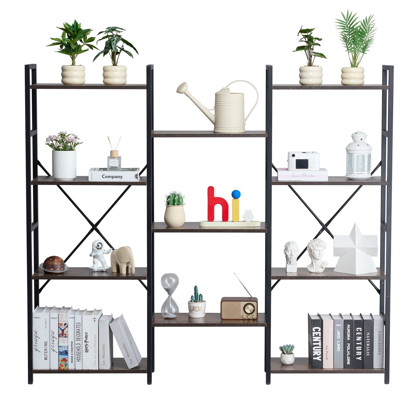 11-Tier Industrial Bookshelf, Triple Metal Freestanding Display with Open Shelves for Living Room, Bedroom & Office - Rustic Vintage Storage Solution