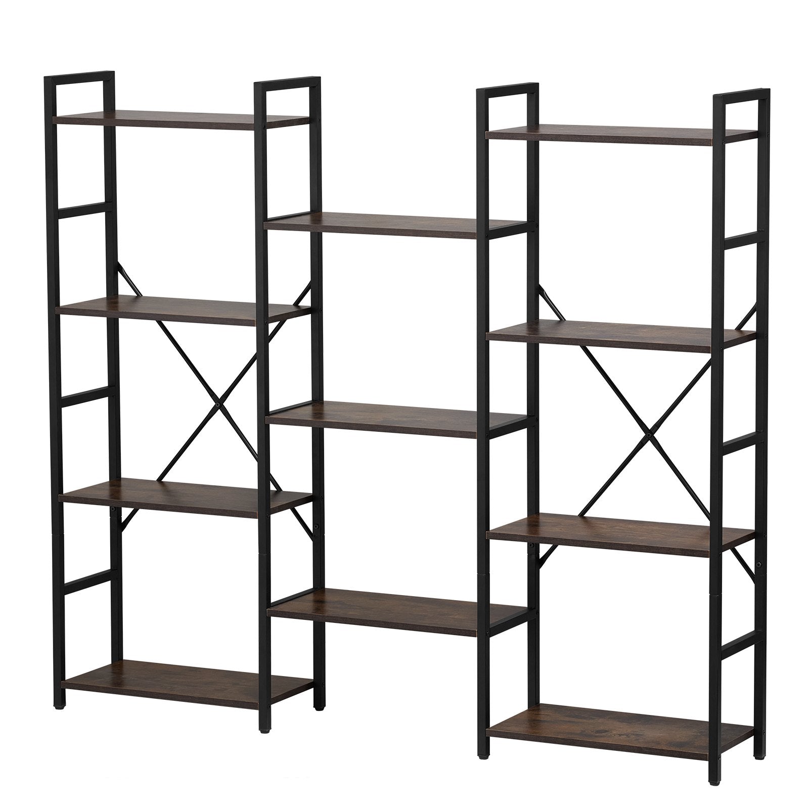 11-Tier Industrial Bookshelf, Triple Metal Freestanding Display with Open Shelves for Living Room, Bedroom & Office - Rustic Vintage Storage Solution