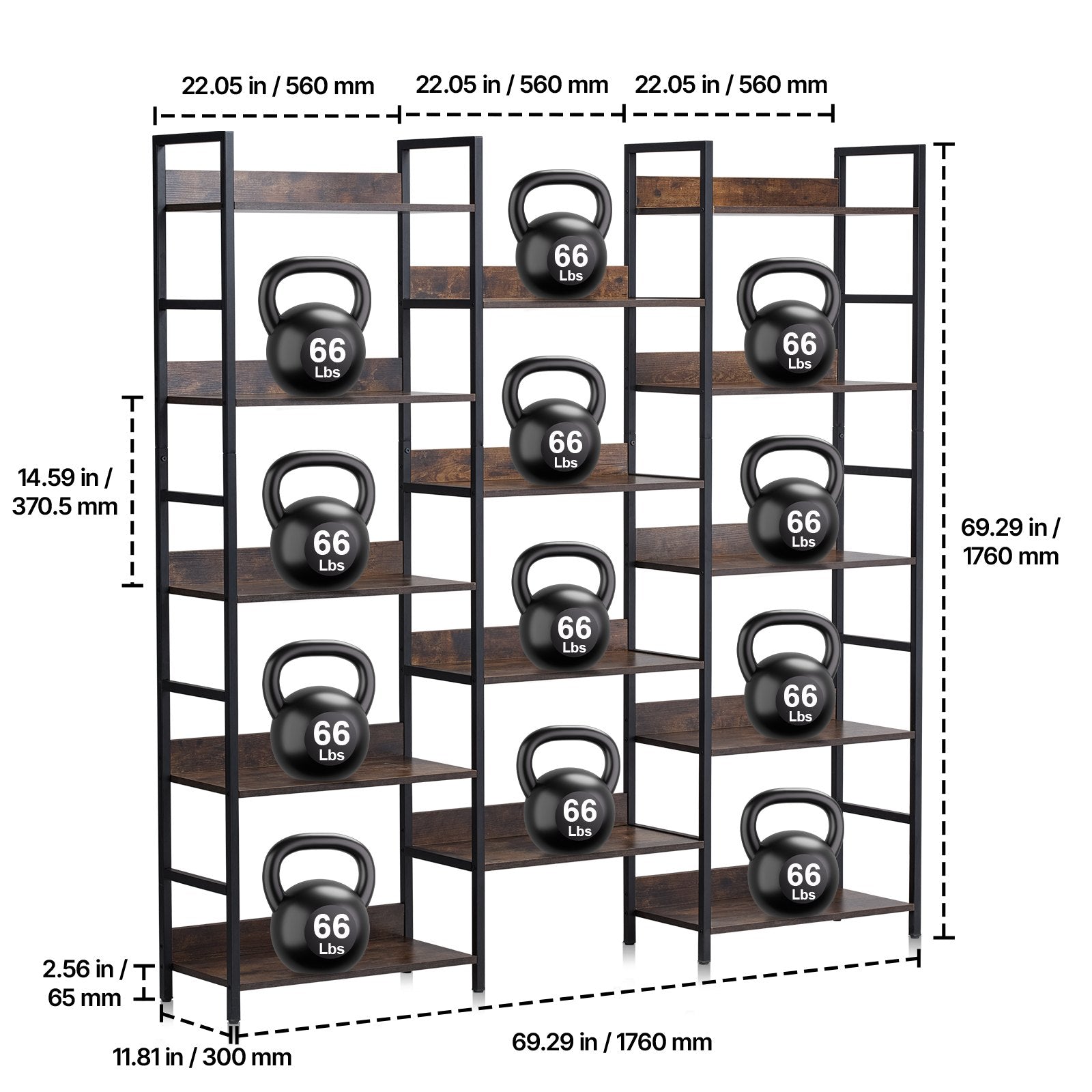14-Tier Freestanding Industrial Bookshelf, Large Rustic Metal Bookcase with Open Shelves for Living Room, Bedroom, Office Storage Display