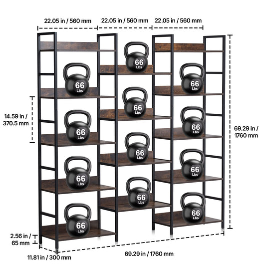 14-Tier Freestanding Industrial Bookshelf, Large Rustic Metal Bookcase with Open Shelves for Living Room, Bedroom, Office Storage Display