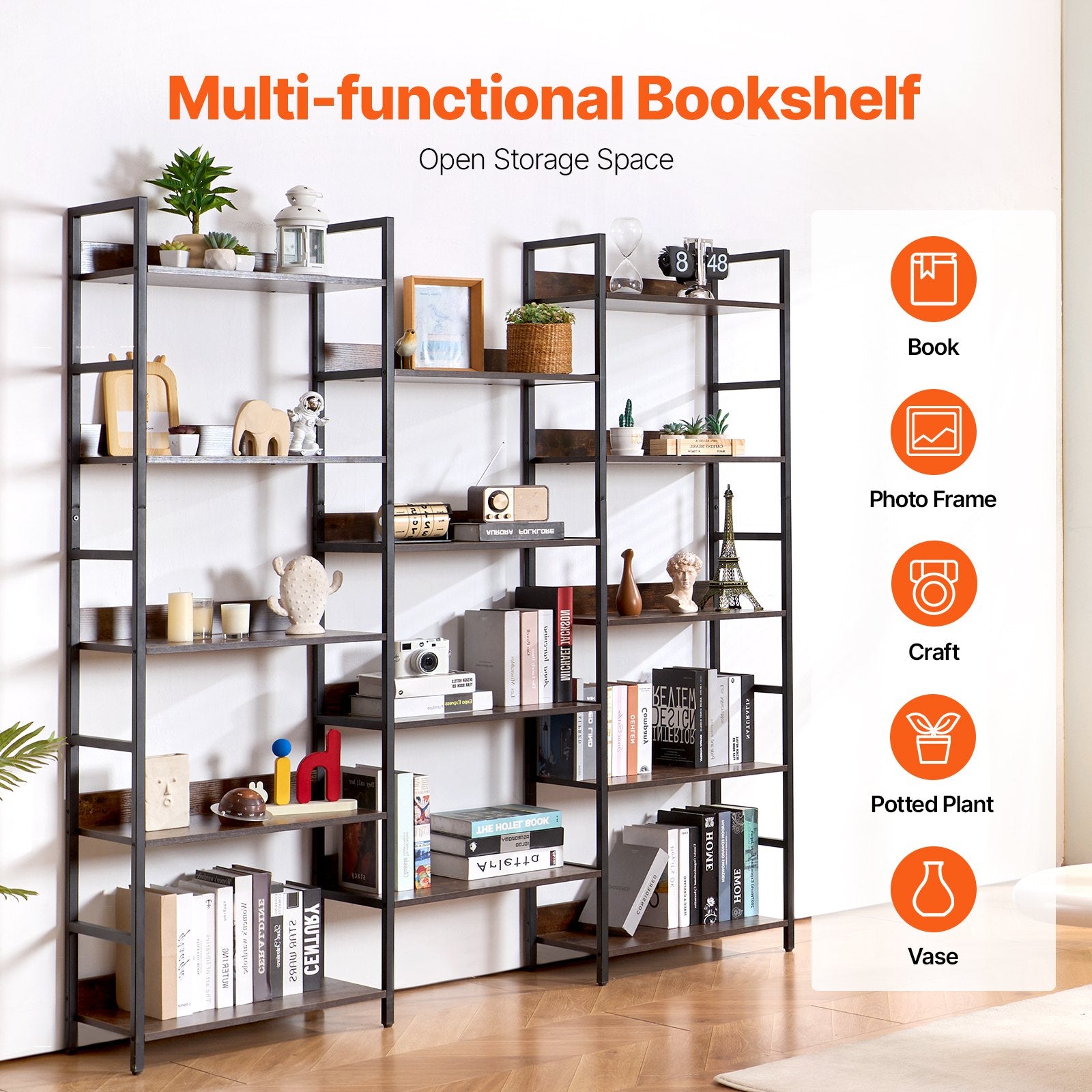 14-Tier Freestanding Industrial Bookshelf, Large Rustic Metal Bookcase with Open Shelves for Living Room, Bedroom, Office Storage Display