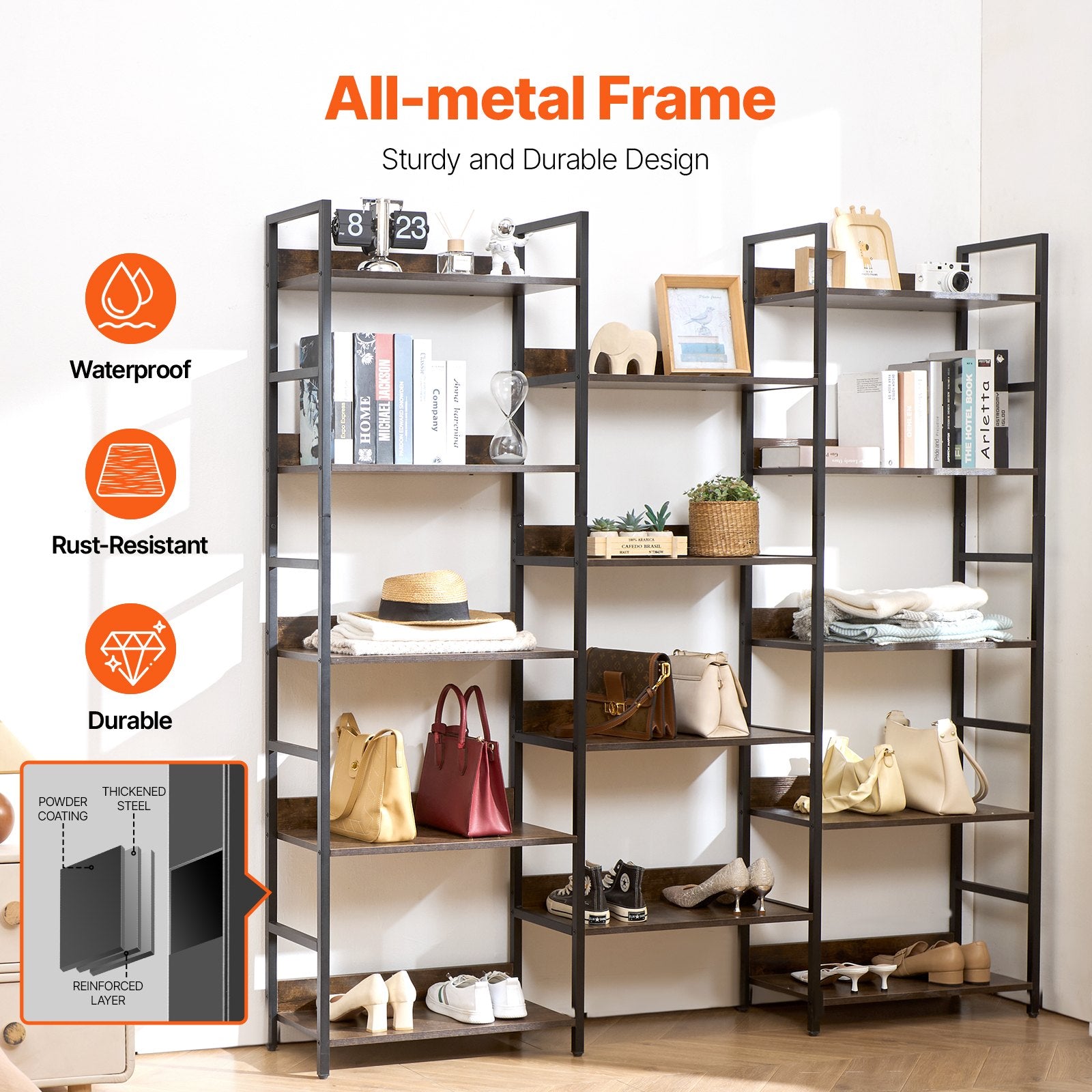 14-Tier Freestanding Industrial Bookshelf, Large Rustic Metal Bookcase with Open Shelves for Living Room, Bedroom, Office Storage Display