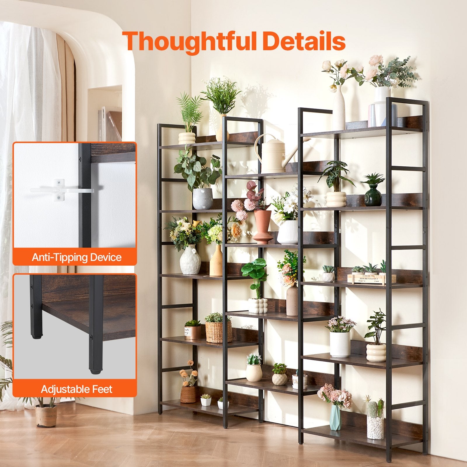 14-Tier Freestanding Industrial Bookshelf, Large Rustic Metal Bookcase with Open Shelves for Living Room, Bedroom, Office Storage Display