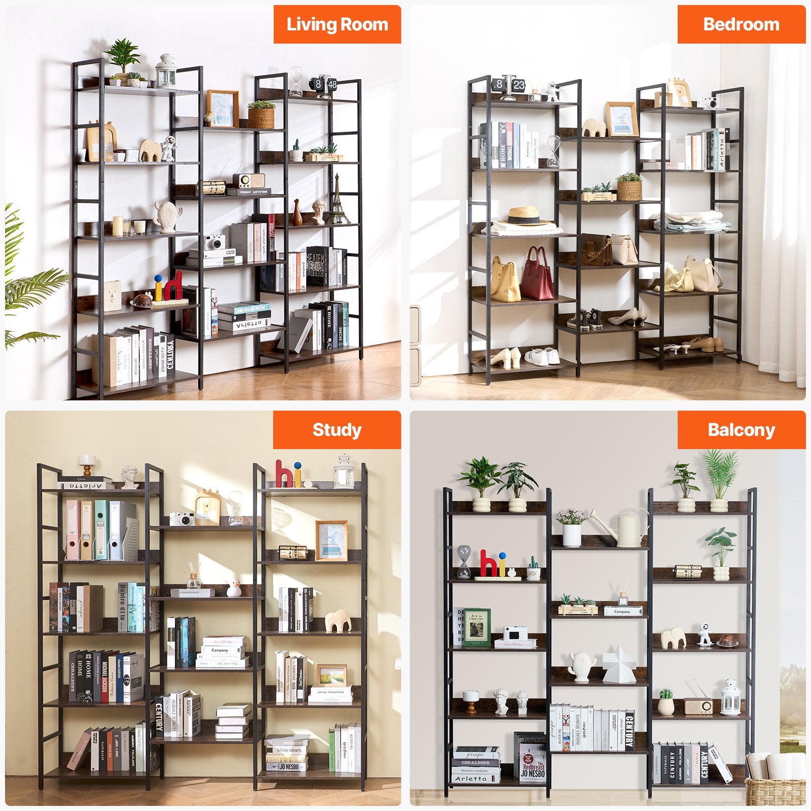14-Tier Freestanding Industrial Bookshelf, Large Rustic Metal Bookcase with Open Shelves for Living Room, Bedroom, Office Storage Display