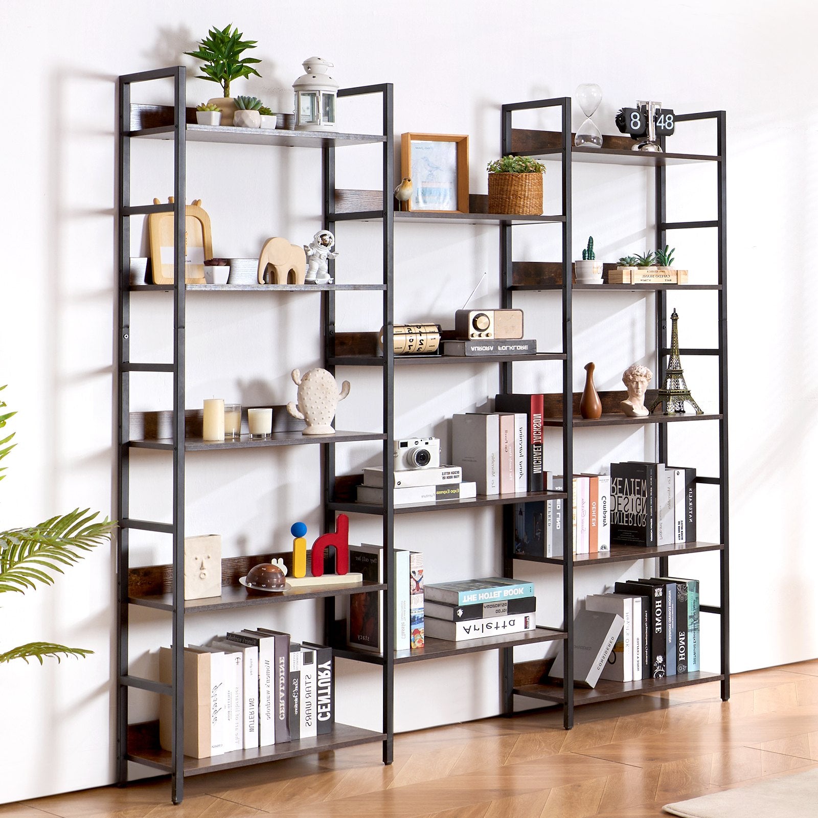 14-Tier Freestanding Industrial Bookshelf, Large Rustic Metal Bookcase with Open Shelves for Living Room, Bedroom, Office Storage Display