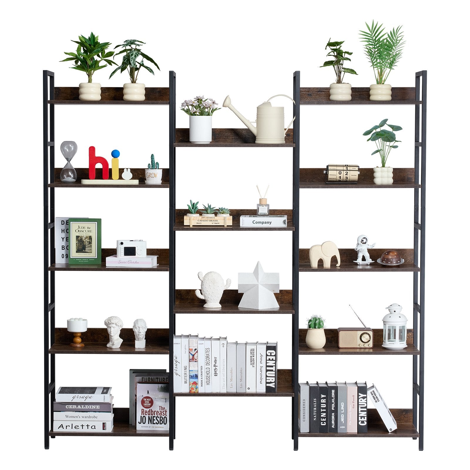 14-Tier Freestanding Industrial Bookshelf, Large Rustic Metal Bookcase with Open Shelves for Living Room, Bedroom, Office Storage Display