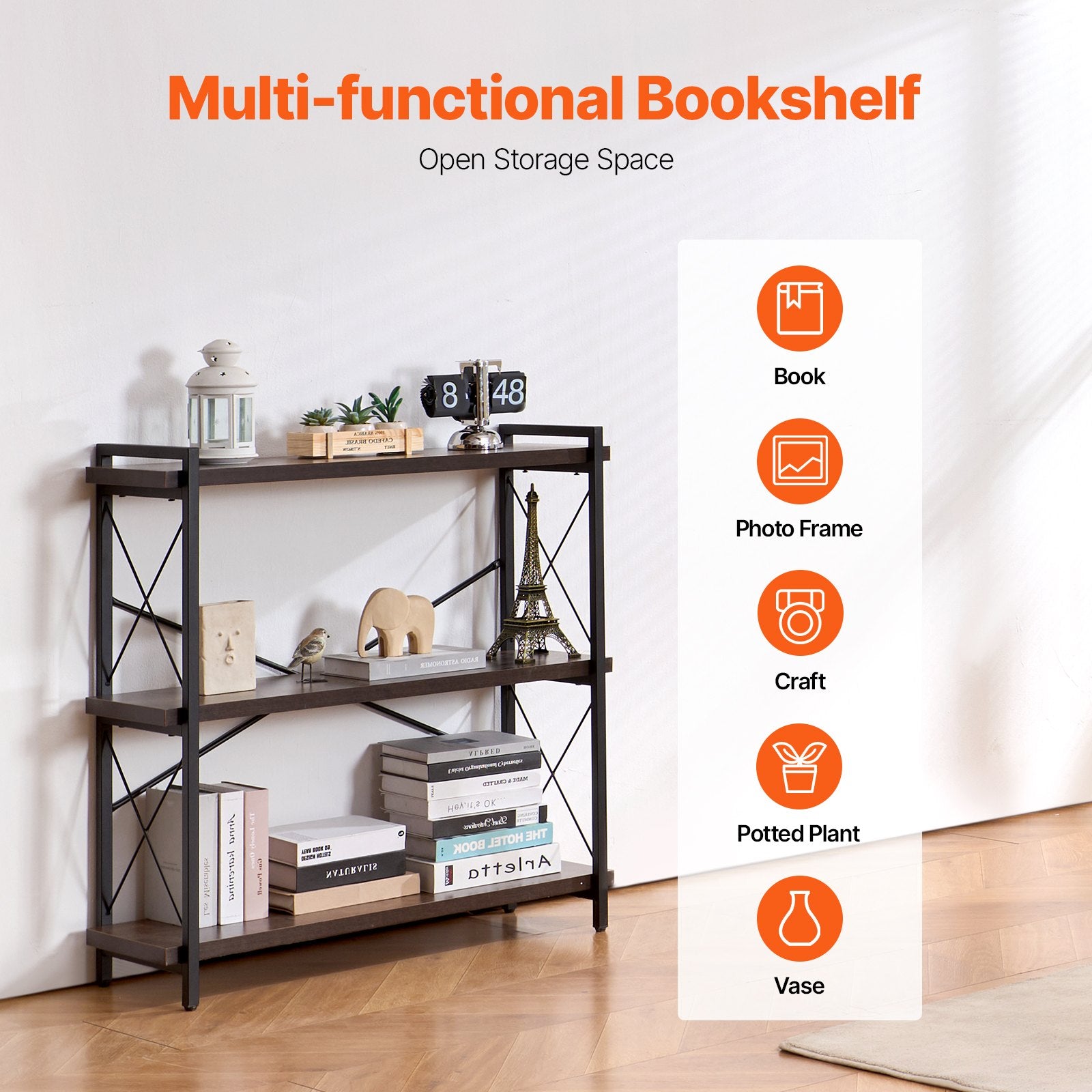 Freestanding 3-Tier Metal Bookcase with Open Shelves - Rustic Industrial Storage Rack for Living Room, Bedroom, Office Display & Organization