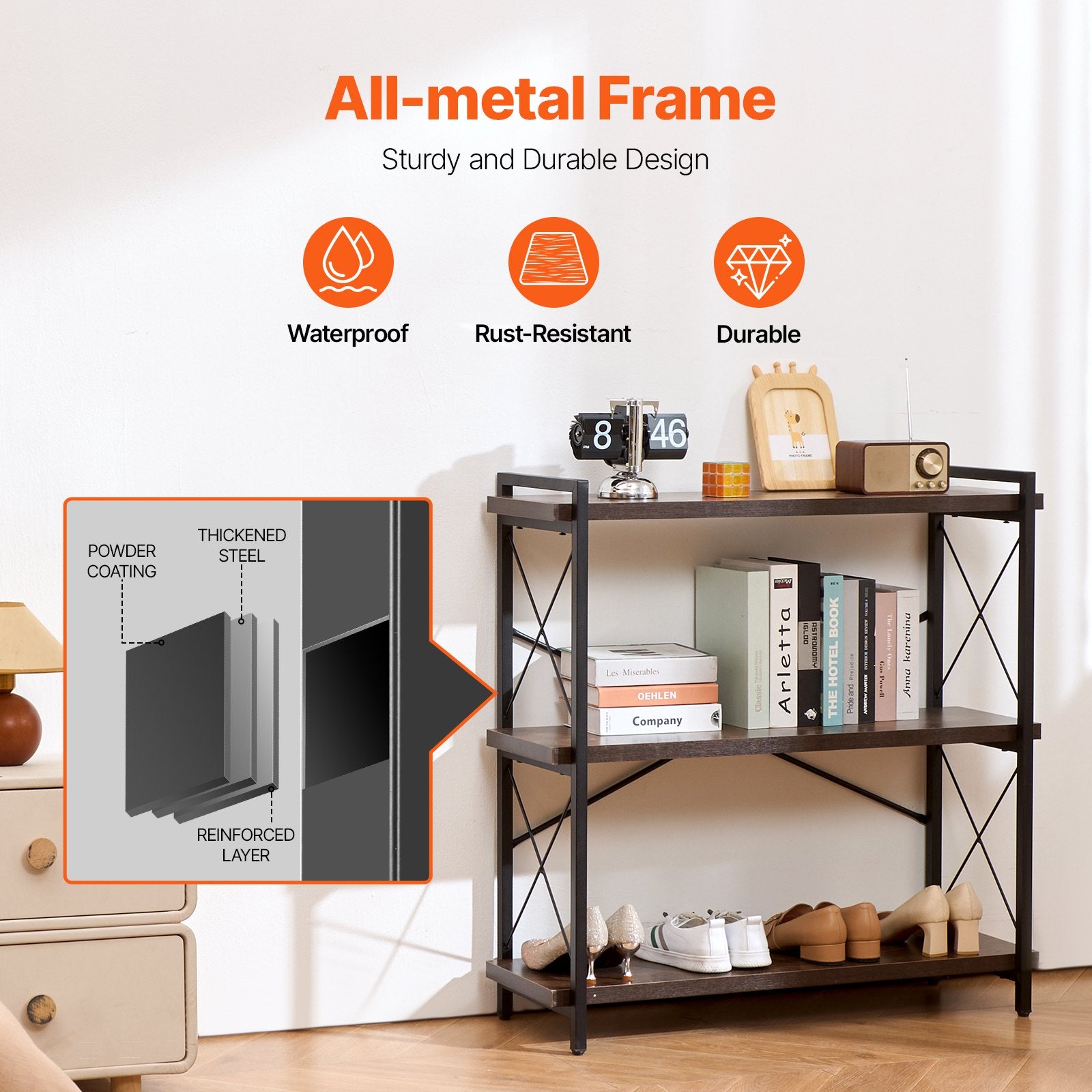 Freestanding 3-Tier Metal Bookcase with Open Shelves - Rustic Industrial Storage Rack for Living Room, Bedroom, Office Display & Organization