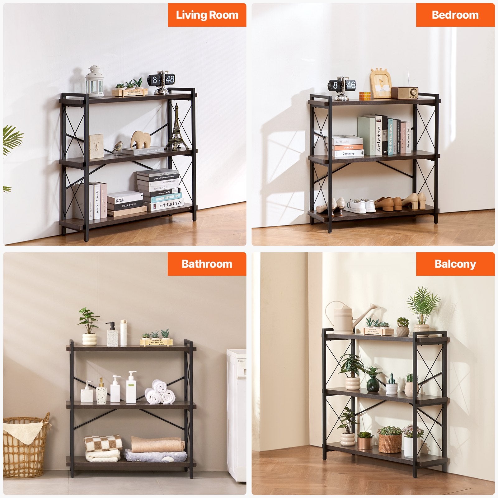 Freestanding 3-Tier Metal Bookcase with Open Shelves - Rustic Industrial Storage Rack for Living Room, Bedroom, Office Display & Organization