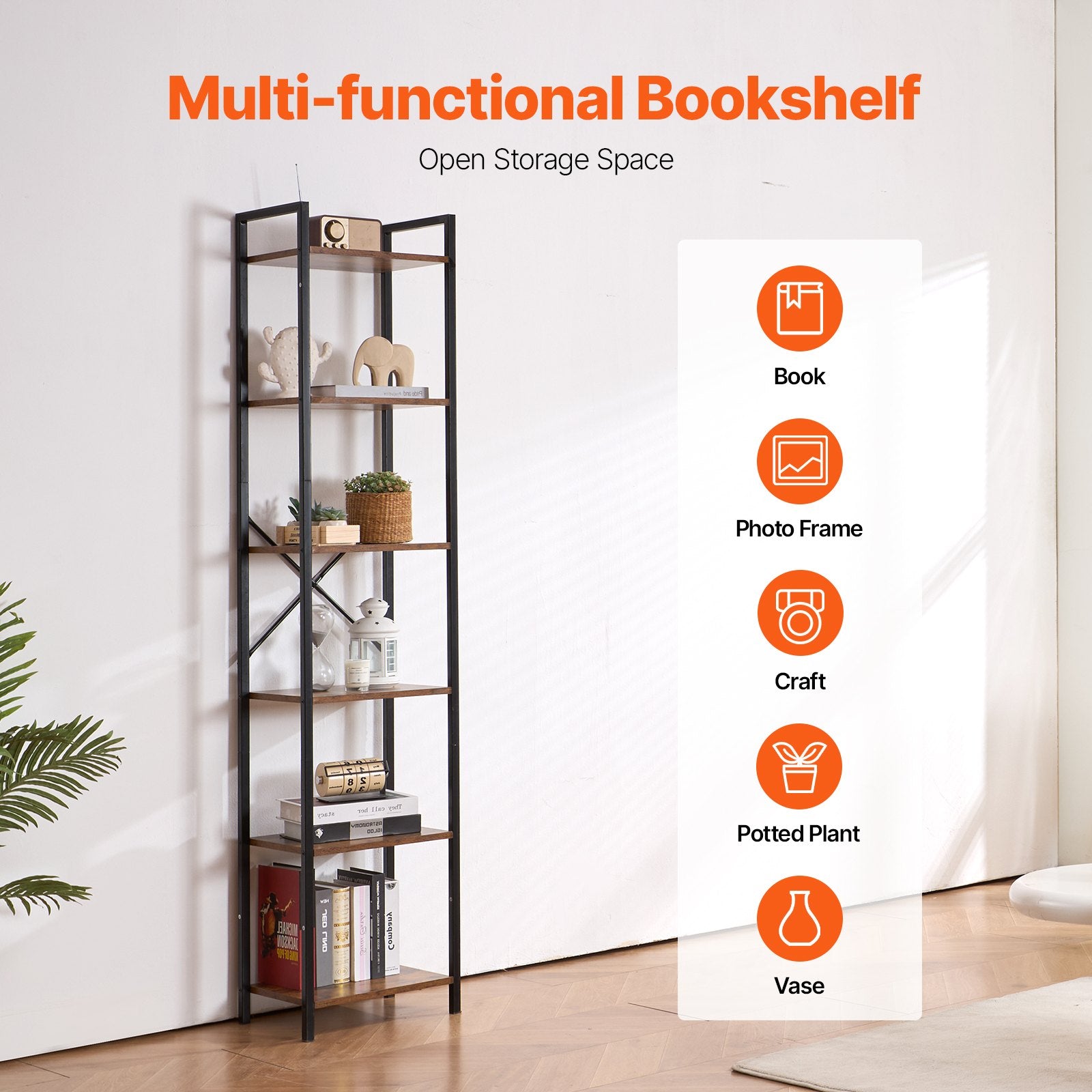 6-Tier Industrial Metal Bookshelf, Tall Rustic Bookcase with Open Shelves for Living Room, Bedroom & Office Storage Solutions
