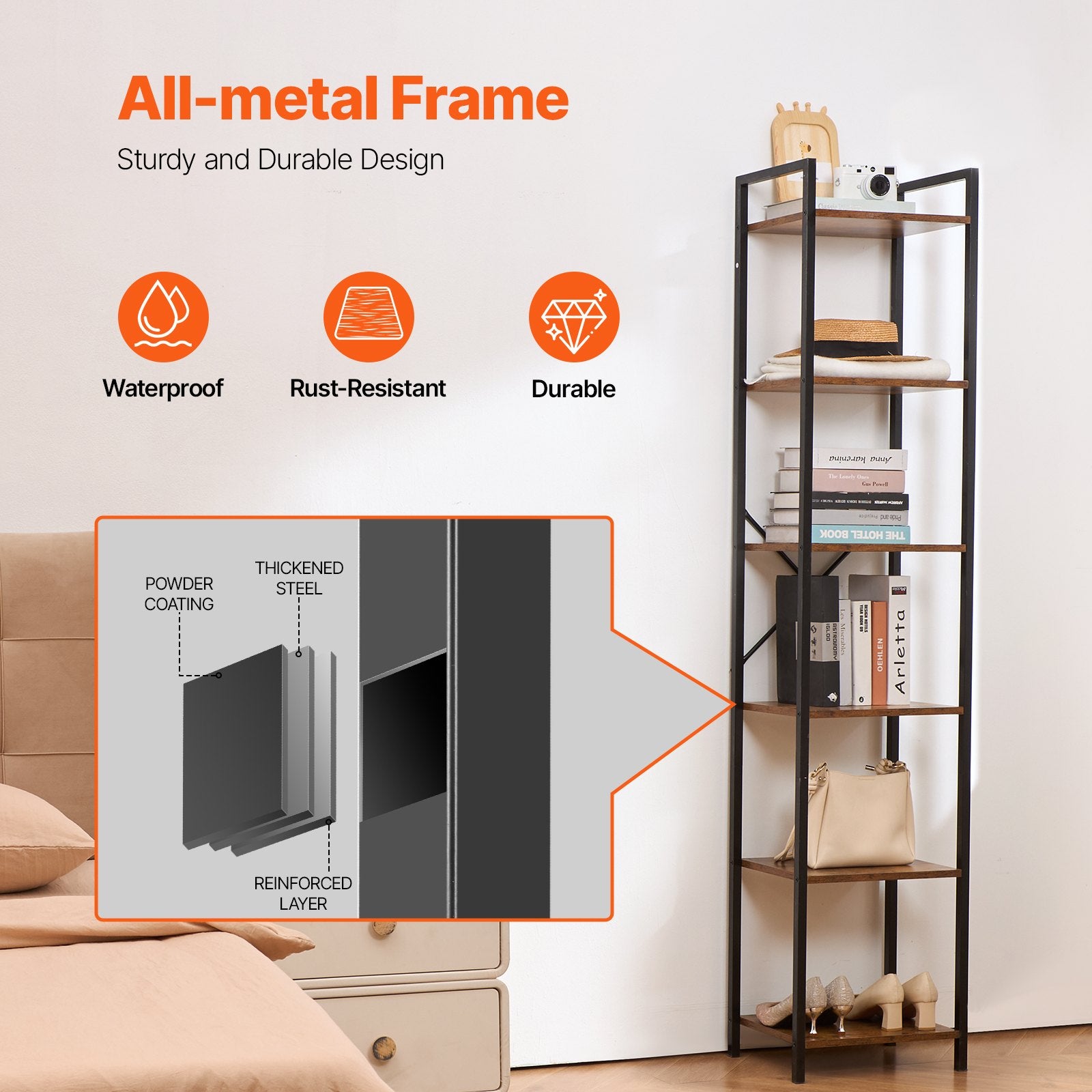6-Tier Industrial Metal Bookshelf, Tall Rustic Bookcase with Open Shelves for Living Room, Bedroom & Office Storage Solutions
