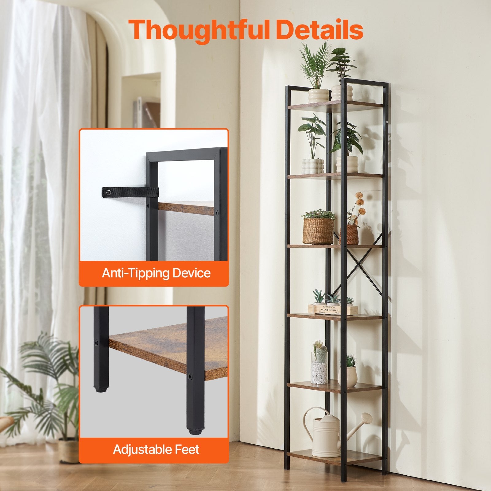 6-Tier Industrial Metal Bookshelf, Tall Rustic Bookcase with Open Shelves for Living Room, Bedroom & Office Storage Solutions