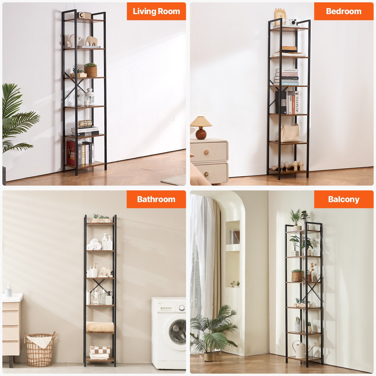 6-Tier Industrial Metal Bookshelf, Tall Rustic Bookcase with Open Shelves for Living Room, Bedroom & Office Storage Solutions