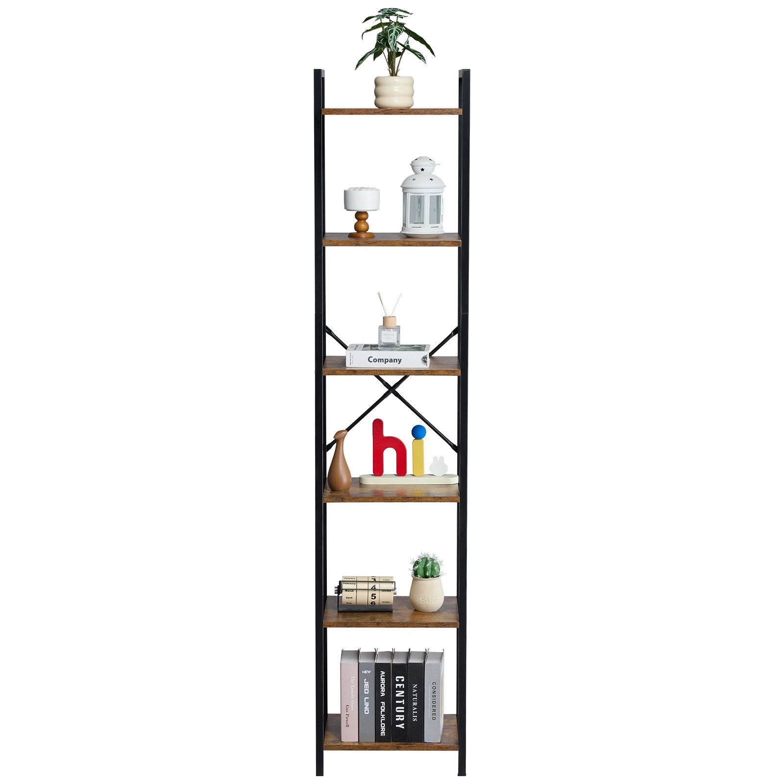 6-Tier Industrial Metal Bookshelf, Tall Rustic Bookcase with Open Shelves for Living Room, Bedroom & Office Storage Solutions
