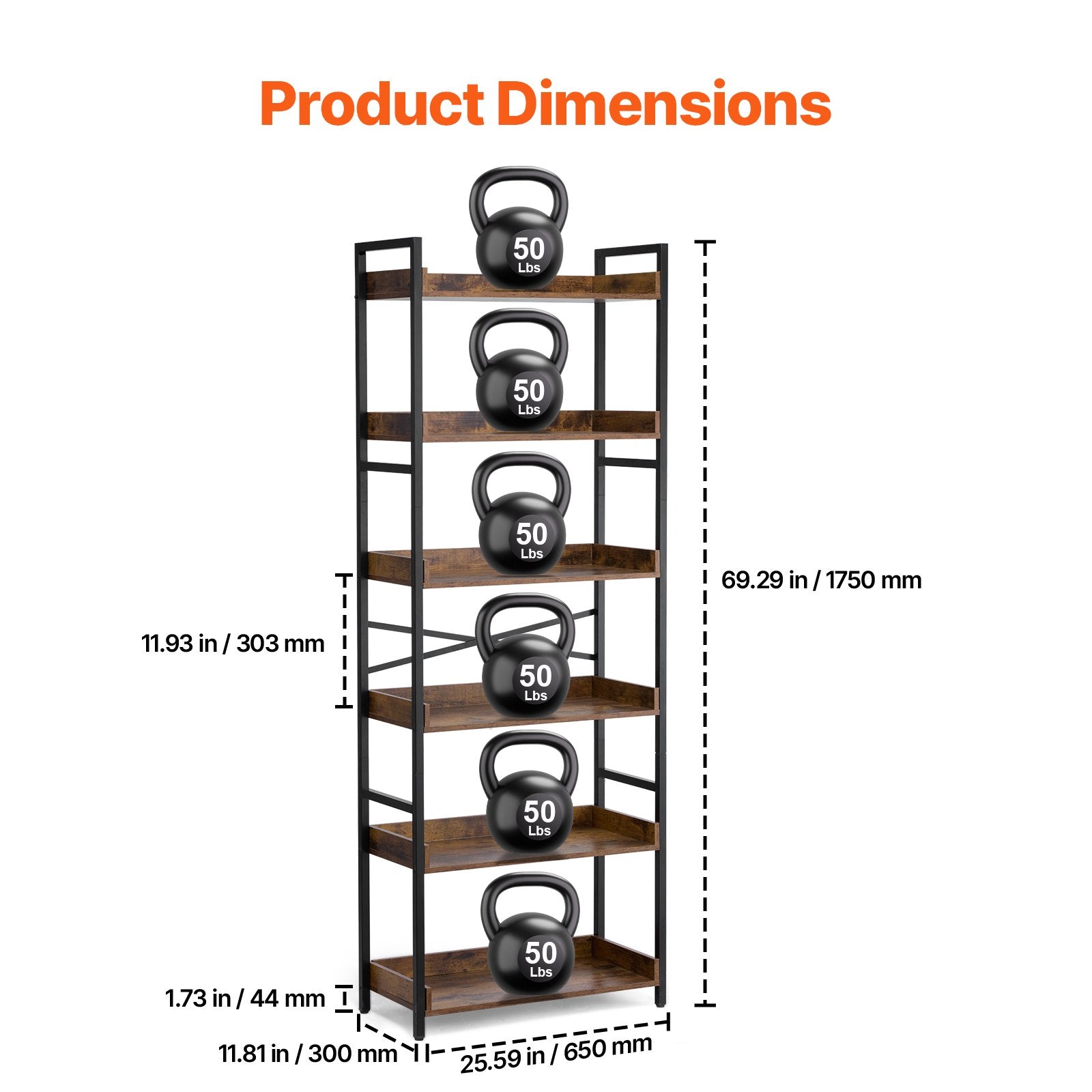 Industrial 6-Tier Metal Bookshelf, Rustic Vintage Bookcase with Adjustable Shelves, Freestanding Storage for Living Room, Bedroom, Office Display
