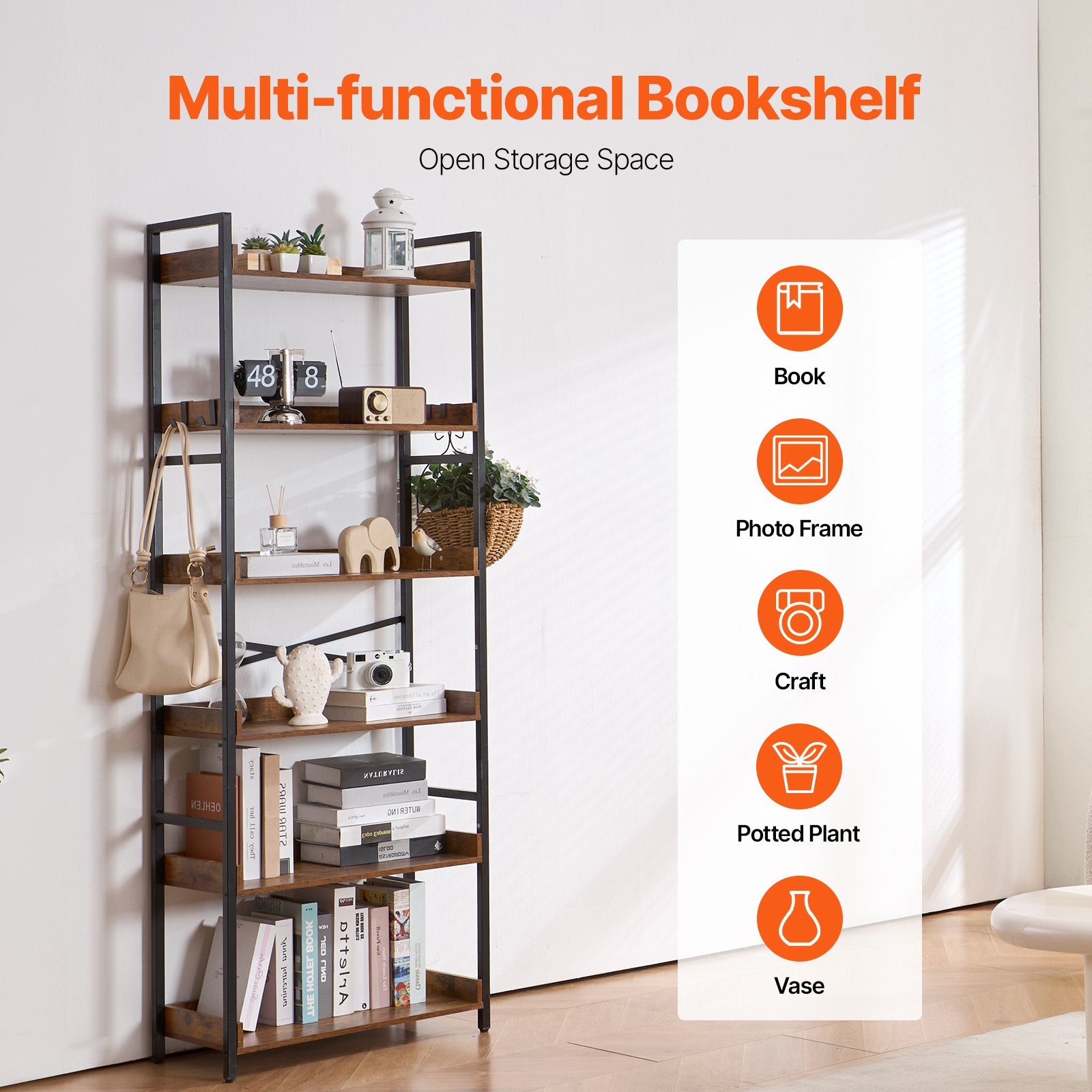 Industrial 6-Tier Metal Bookshelf, Rustic Vintage Bookcase with Adjustable Shelves, Freestanding Storage for Living Room, Bedroom, Office Display