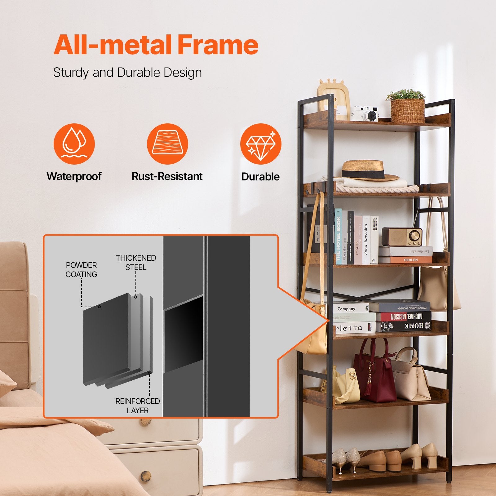 Industrial 6-Tier Metal Bookshelf, Rustic Vintage Bookcase with Adjustable Shelves, Freestanding Storage for Living Room, Bedroom, Office Display