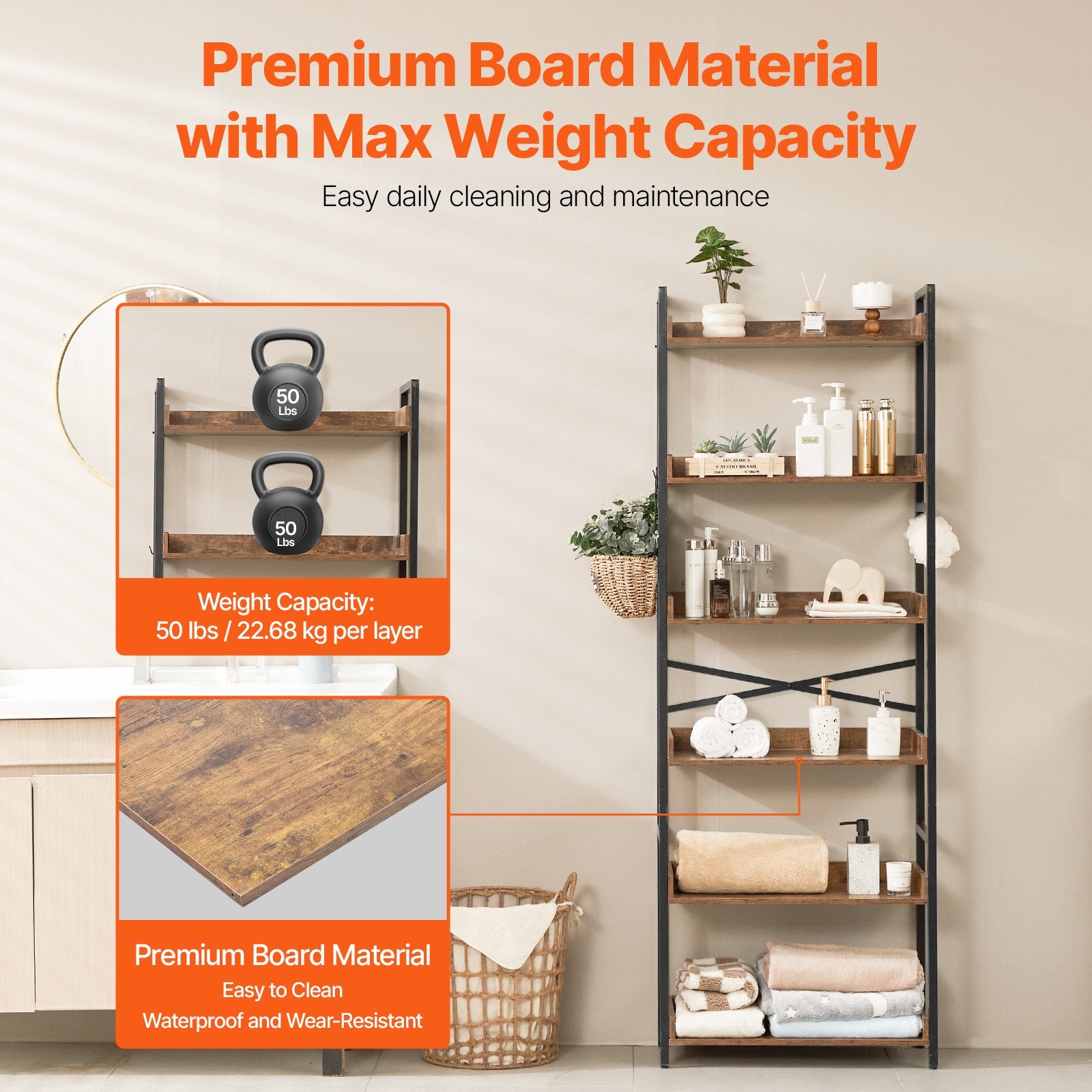Industrial 6-Tier Metal Bookshelf, Rustic Vintage Bookcase with Adjustable Shelves, Freestanding Storage for Living Room, Bedroom, Office Display