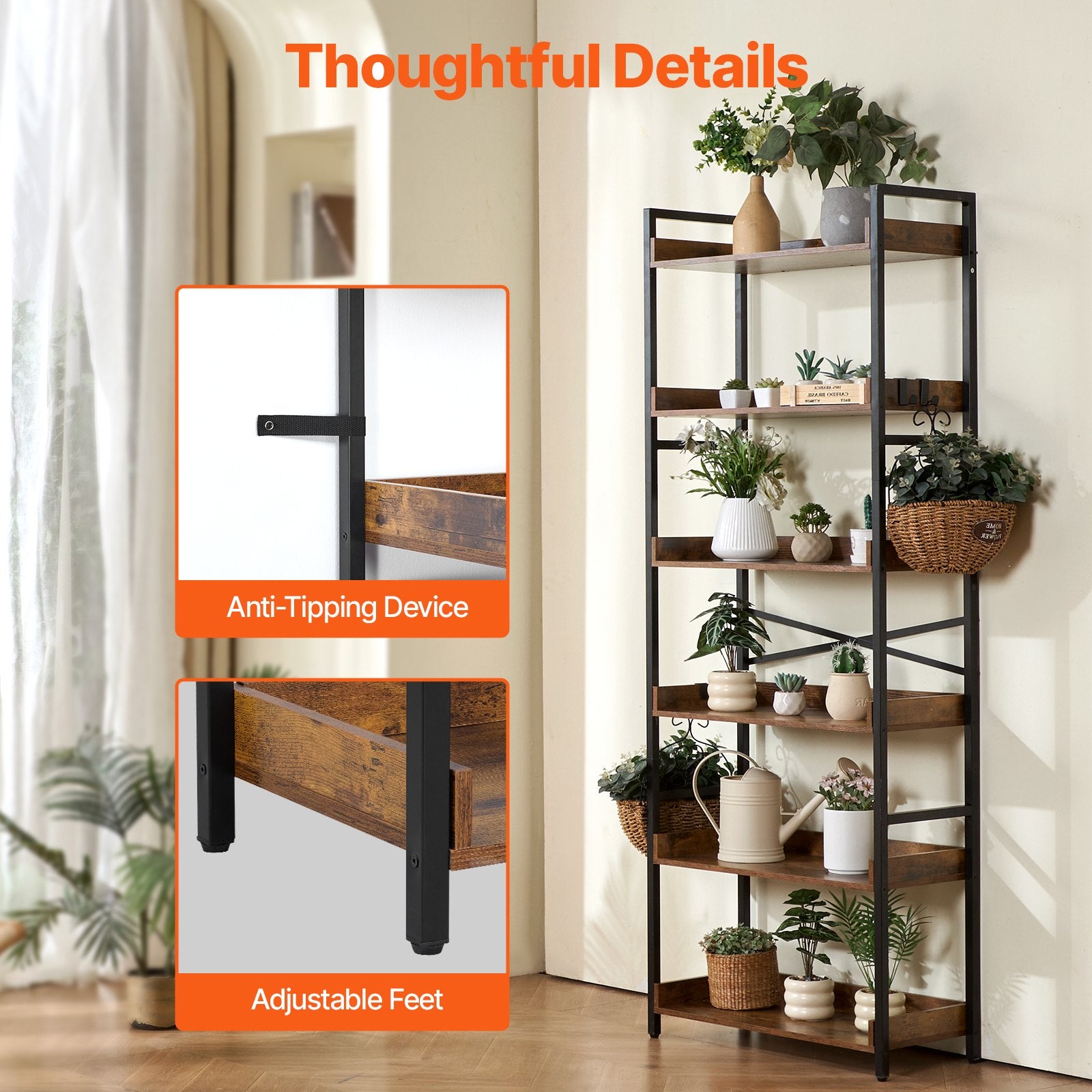 Industrial 6-Tier Metal Bookshelf, Rustic Vintage Bookcase with Adjustable Shelves, Freestanding Storage for Living Room, Bedroom, Office Display