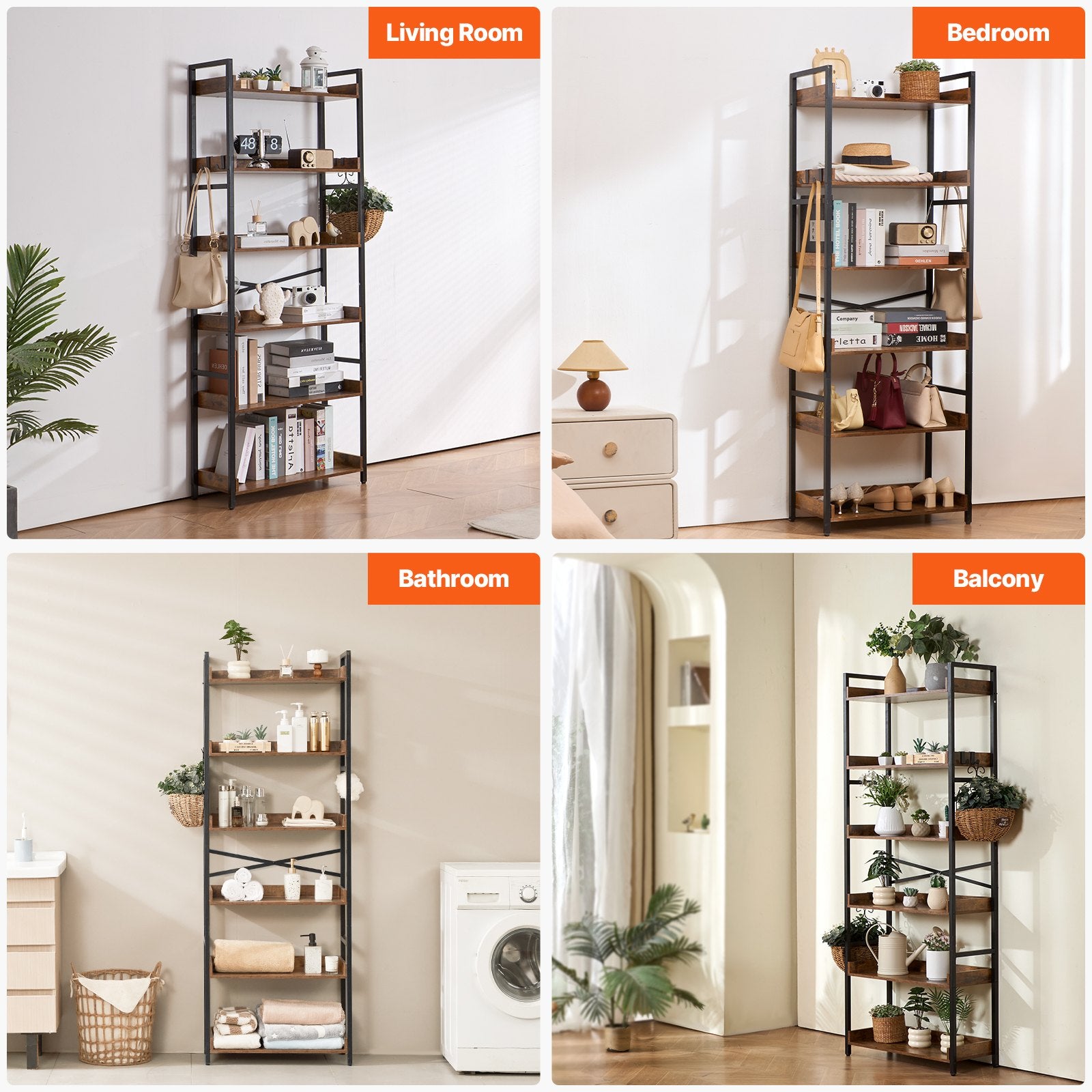Industrial 6-Tier Metal Bookshelf, Rustic Vintage Bookcase with Adjustable Shelves, Freestanding Storage for Living Room, Bedroom, Office Display