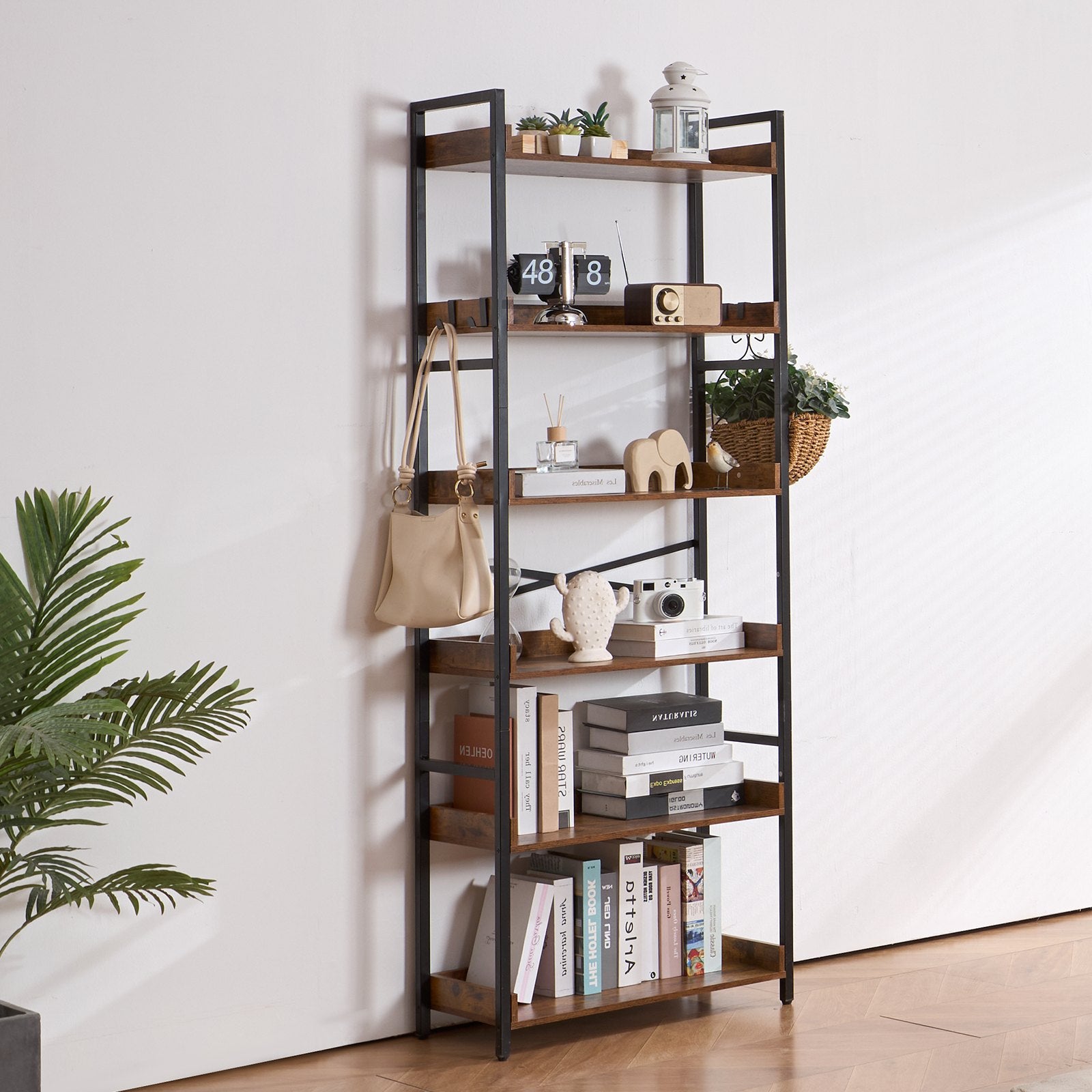Industrial 6-Tier Metal Bookshelf, Rustic Vintage Bookcase with Adjustable Shelves, Freestanding Storage for Living Room, Bedroom, Office Display