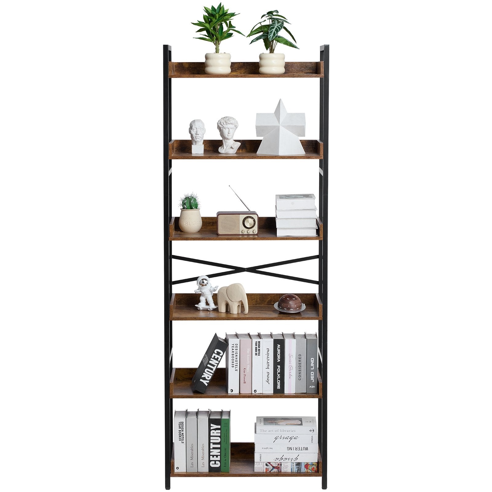 Industrial 6-Tier Metal Bookshelf, Rustic Vintage Bookcase with Adjustable Shelves, Freestanding Storage for Living Room, Bedroom, Office Display