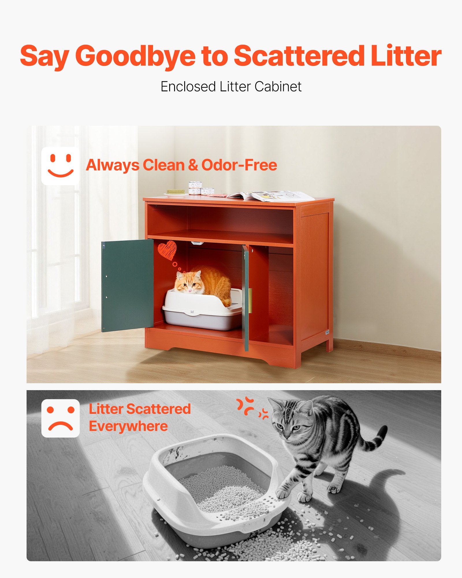 Modern Wooden Cat Litter Box Enclosure Cabinet, Hidden Kitty House with Storage Shelf, Stylish Indoor Washroom Furniture, Pomegranate Red & Green