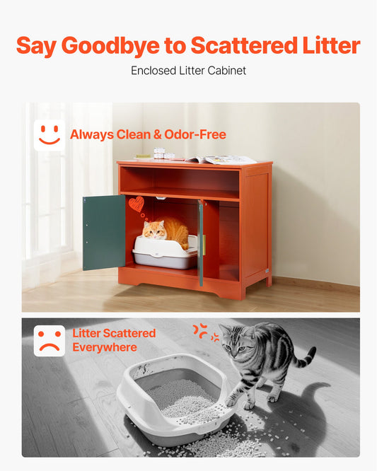 Modern Wooden Cat Litter Box Enclosure Cabinet, Hidden Kitty House with Storage Shelf, Stylish Indoor Washroom Furniture, Pomegranate Red & Green