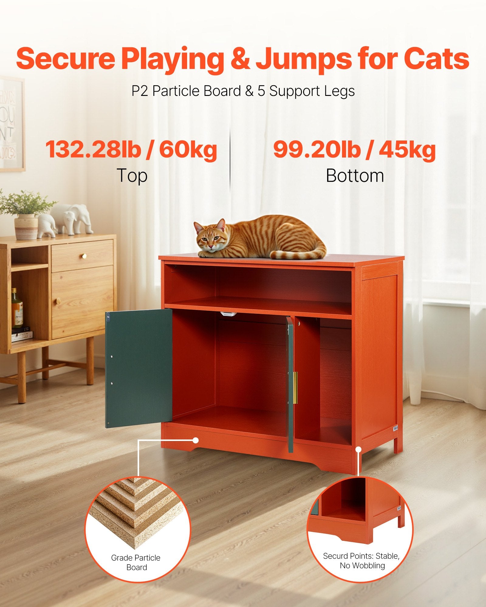 Modern Wooden Cat Litter Box Enclosure Cabinet, Hidden Kitty House with Storage Shelf, Stylish Indoor Washroom Furniture, Pomegranate Red & Green