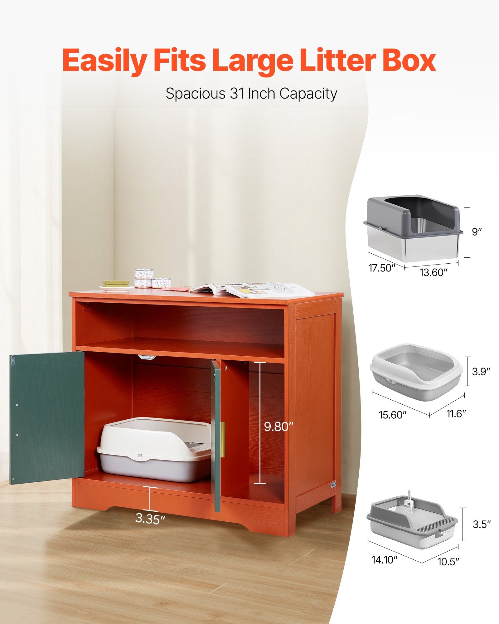 Modern Wooden Cat Litter Box Enclosure Cabinet, Hidden Kitty House with Storage Shelf, Stylish Indoor Washroom Furniture, Pomegranate Red & Green