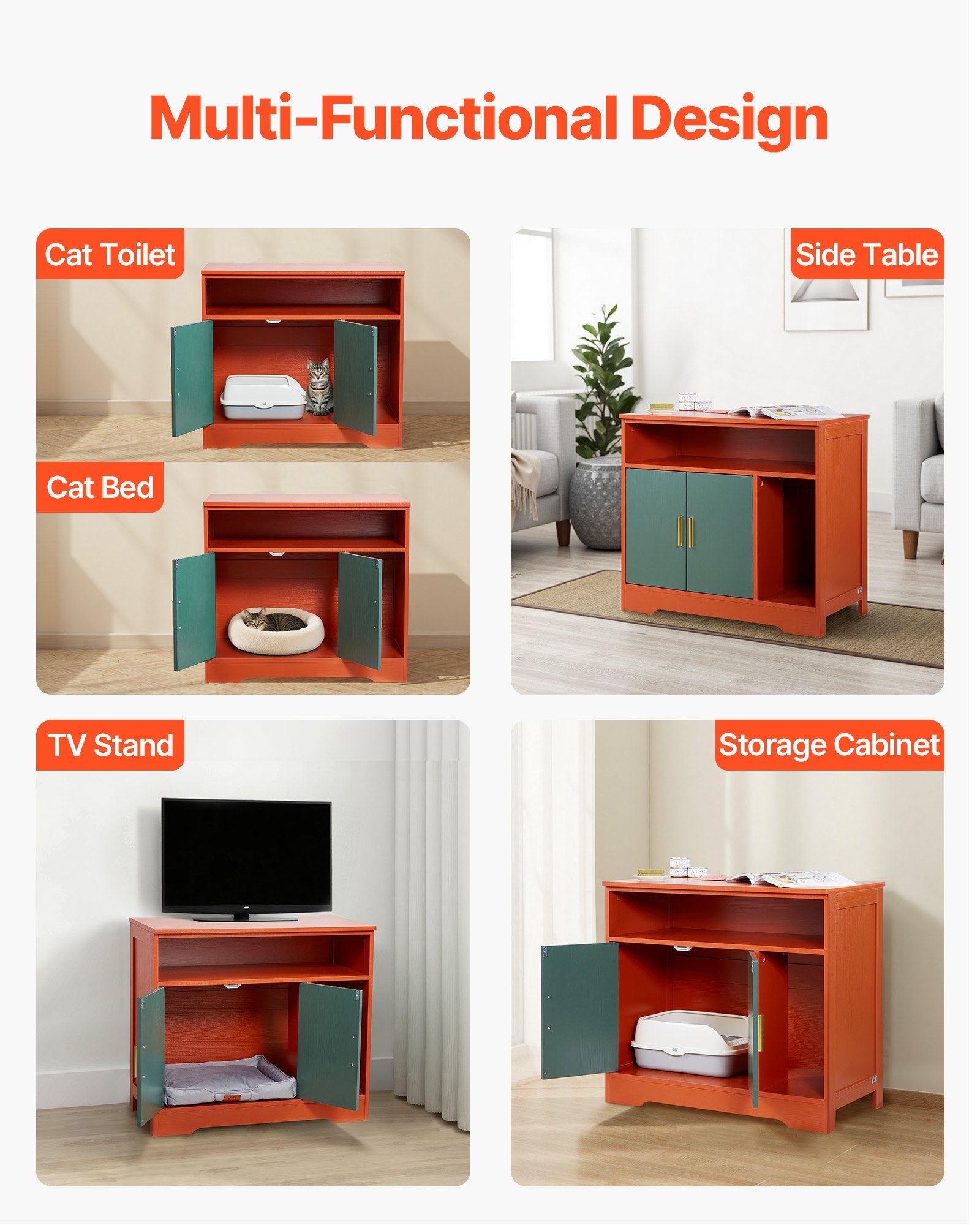 Modern Wooden Cat Litter Box Enclosure Cabinet, Hidden Kitty House with Storage Shelf, Stylish Indoor Washroom Furniture, Pomegranate Red & Green