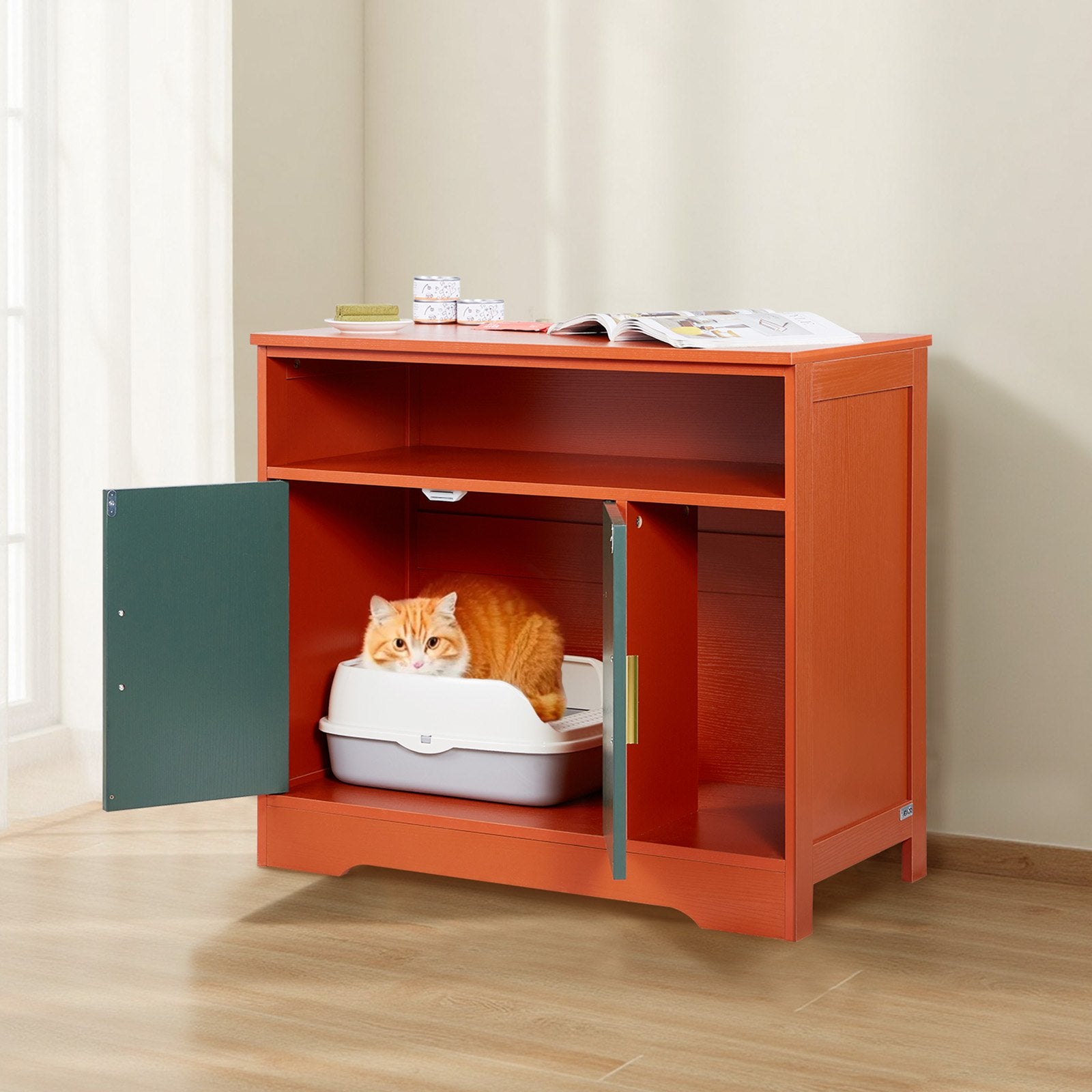 Modern Wooden Cat Litter Box Enclosure Cabinet, Hidden Kitty House with Storage Shelf, Stylish Indoor Washroom Furniture, Pomegranate Red & Green