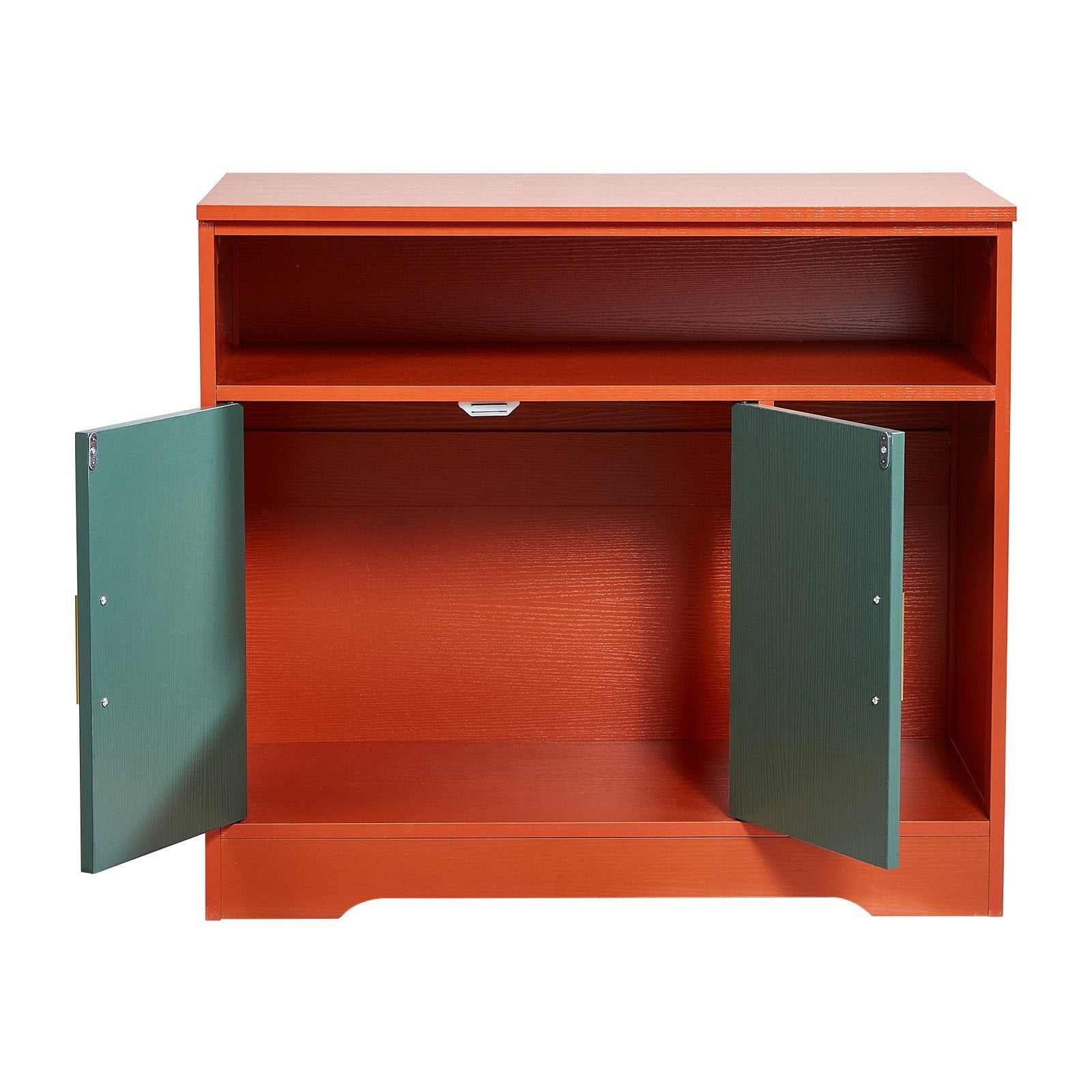 Modern Wooden Cat Litter Box Enclosure Cabinet, Hidden Kitty House with Storage Shelf, Stylish Indoor Washroom Furniture, Pomegranate Red & Green