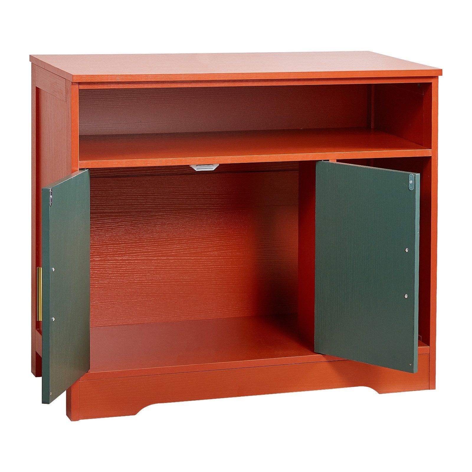 Modern Wooden Cat Litter Box Enclosure Cabinet, Hidden Kitty House with Storage Shelf, Stylish Indoor Washroom Furniture, Pomegranate Red & Green