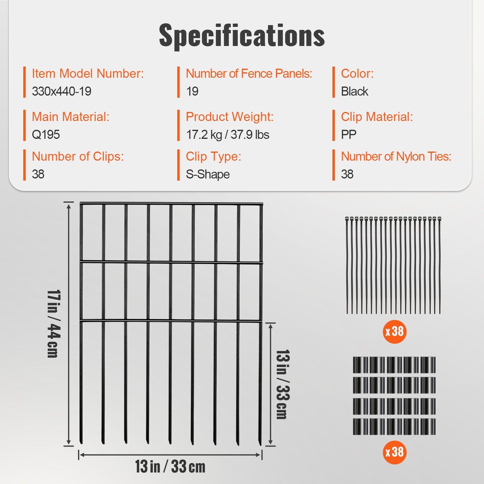 19-Pack Decorative Animal Barrier Fence, 17in Tall x 11ft Long, Durable Metal Dog Fence with 1.5 Inch Spike Spacing for Yard & Patio
