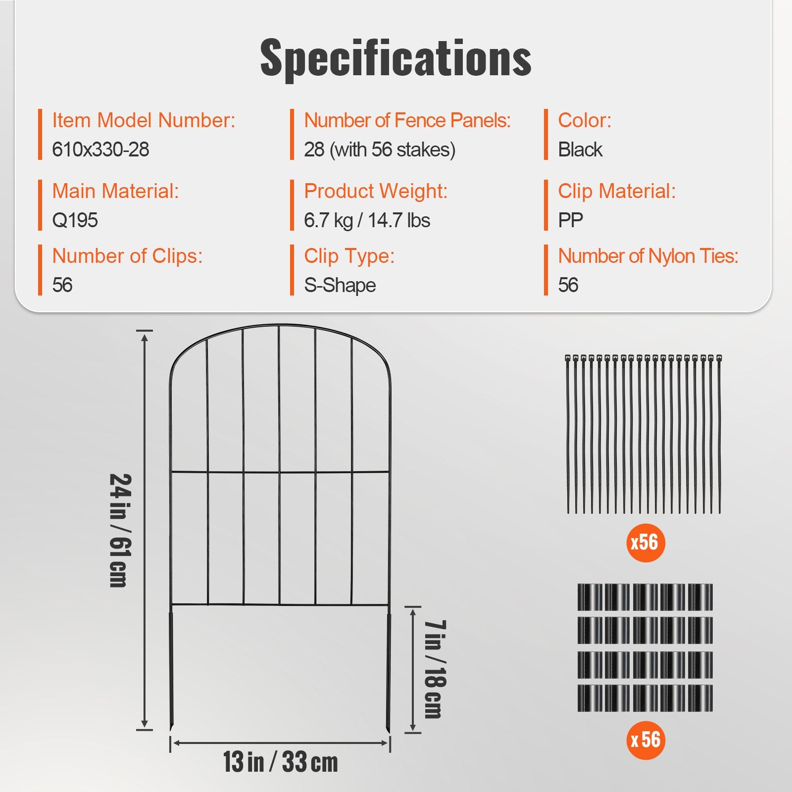 24" x 30ft Durable Metal Garden Fence, Animal Barrier with Tight Spike Spacing, Decorative Outdoor Dog Fencing for Yard & Patio, 28 Panels