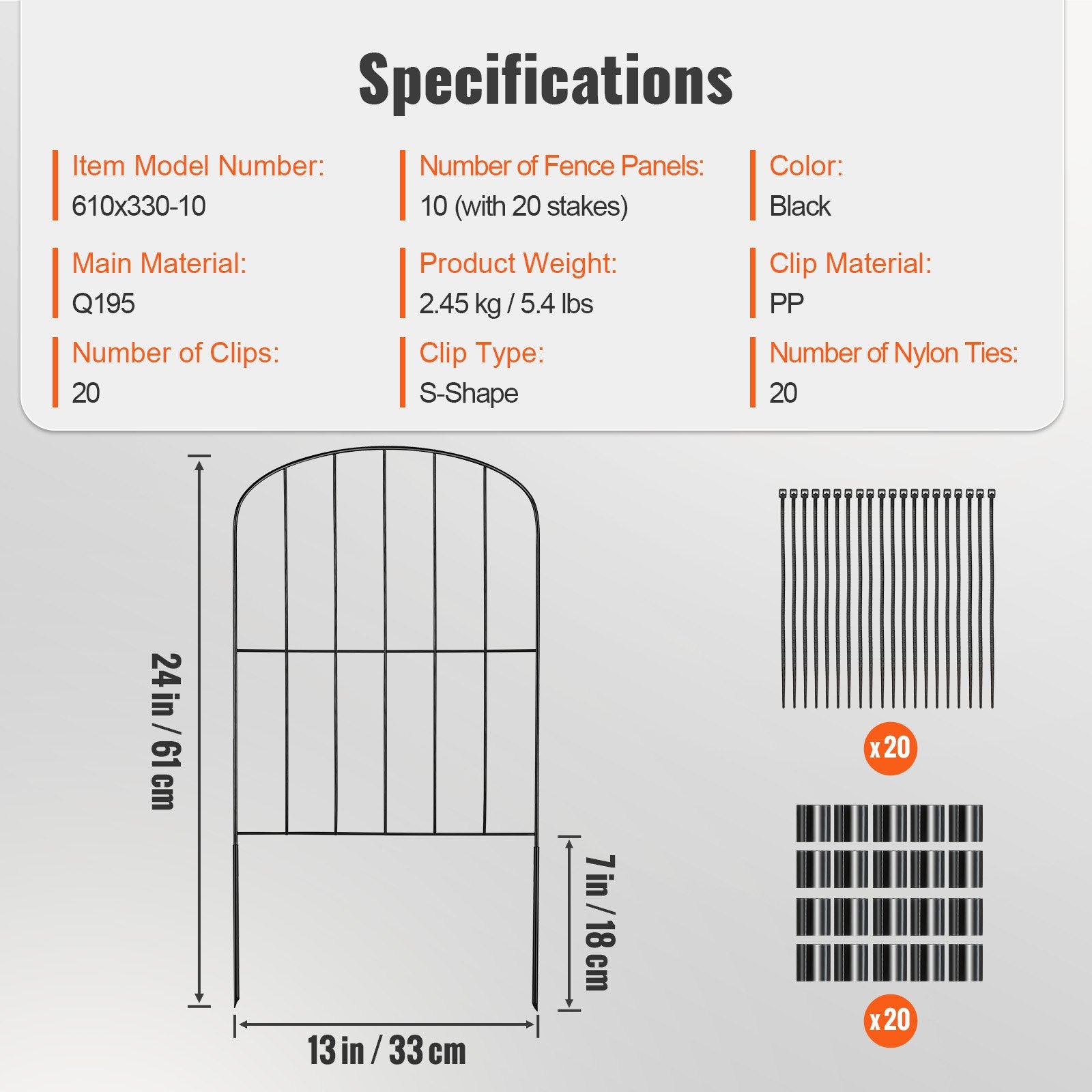 Title: Durable 24in x 11ft Animal Barrier Fence, Decorative Metal Dog Fencing with 2" Spikes for Garden, Yard, Patio, 10 Pack